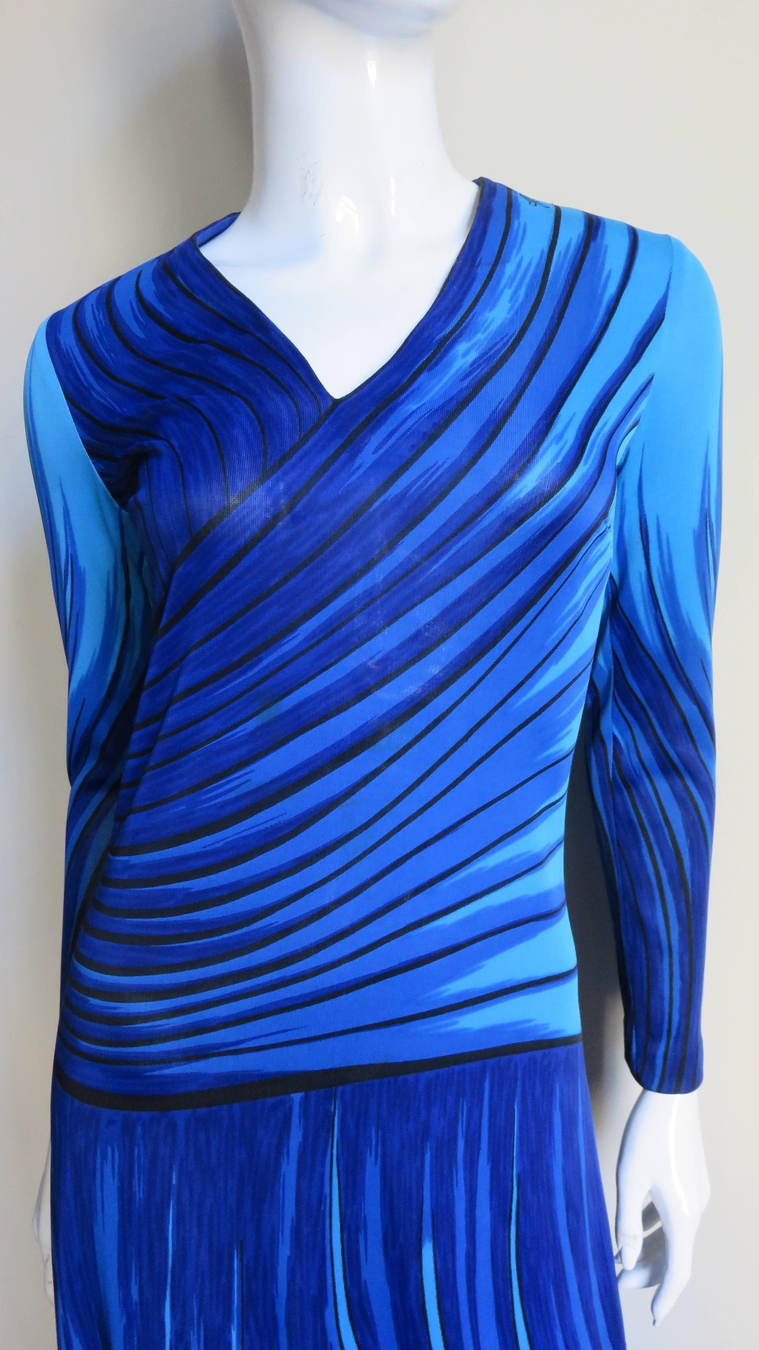 Blue Roberta di Camerino 1970s Trompe L'oeil Maxi Dress