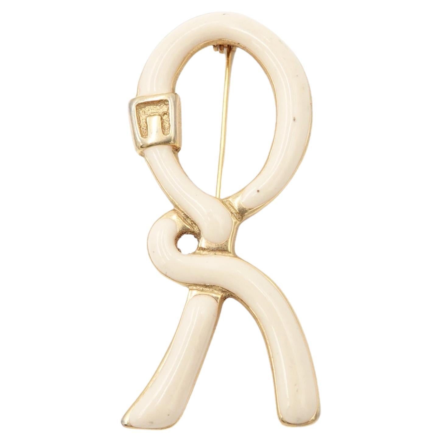 Pre-owned Roberta Di Camerino 1980's Cream & Gold Enamel Ribbon “r” Logo Brooch In White
