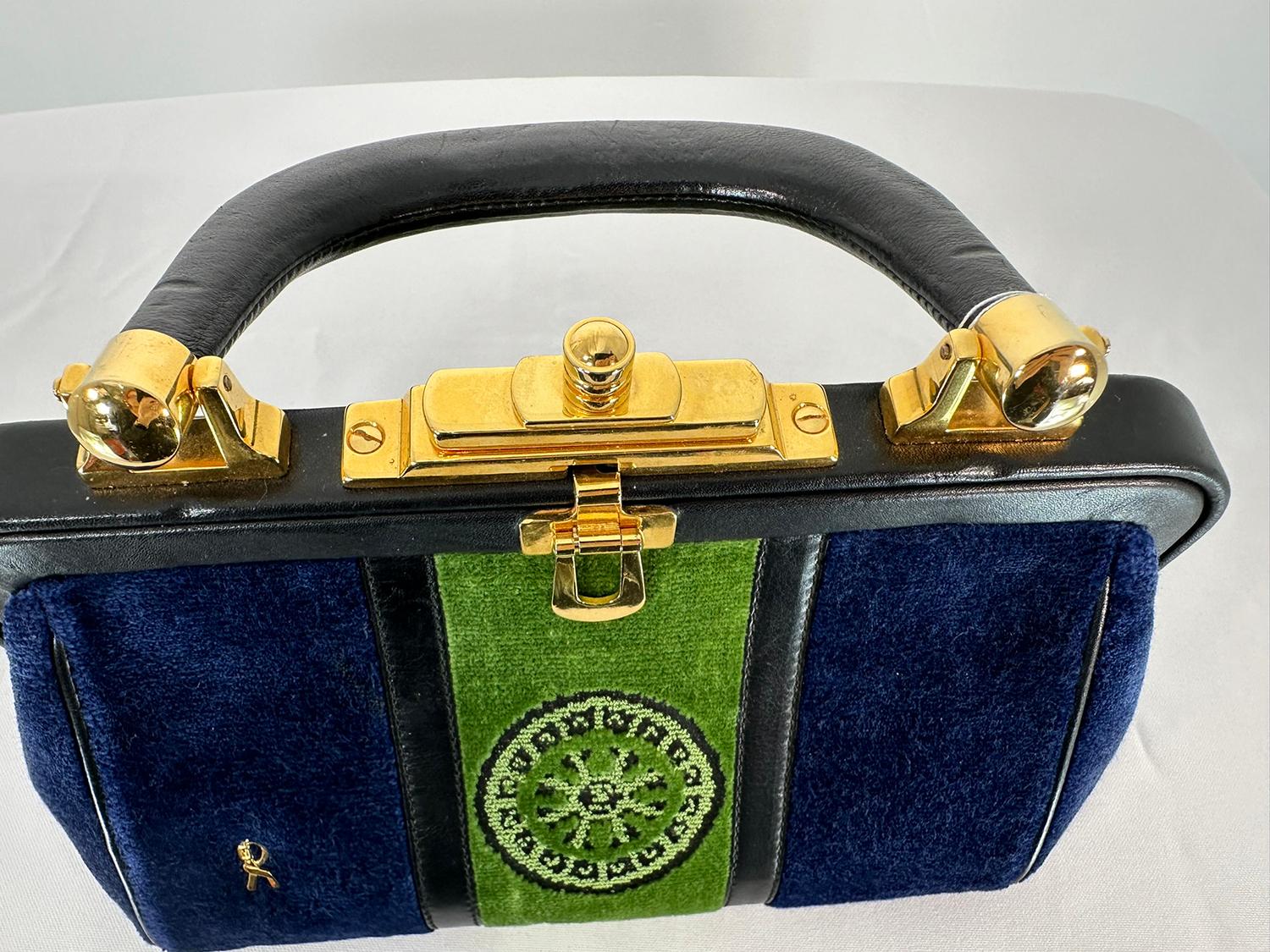 Roberta di Camerino Bagonghi Bag Navy /Green Velvet Frame Bag With Gold Hardware 7