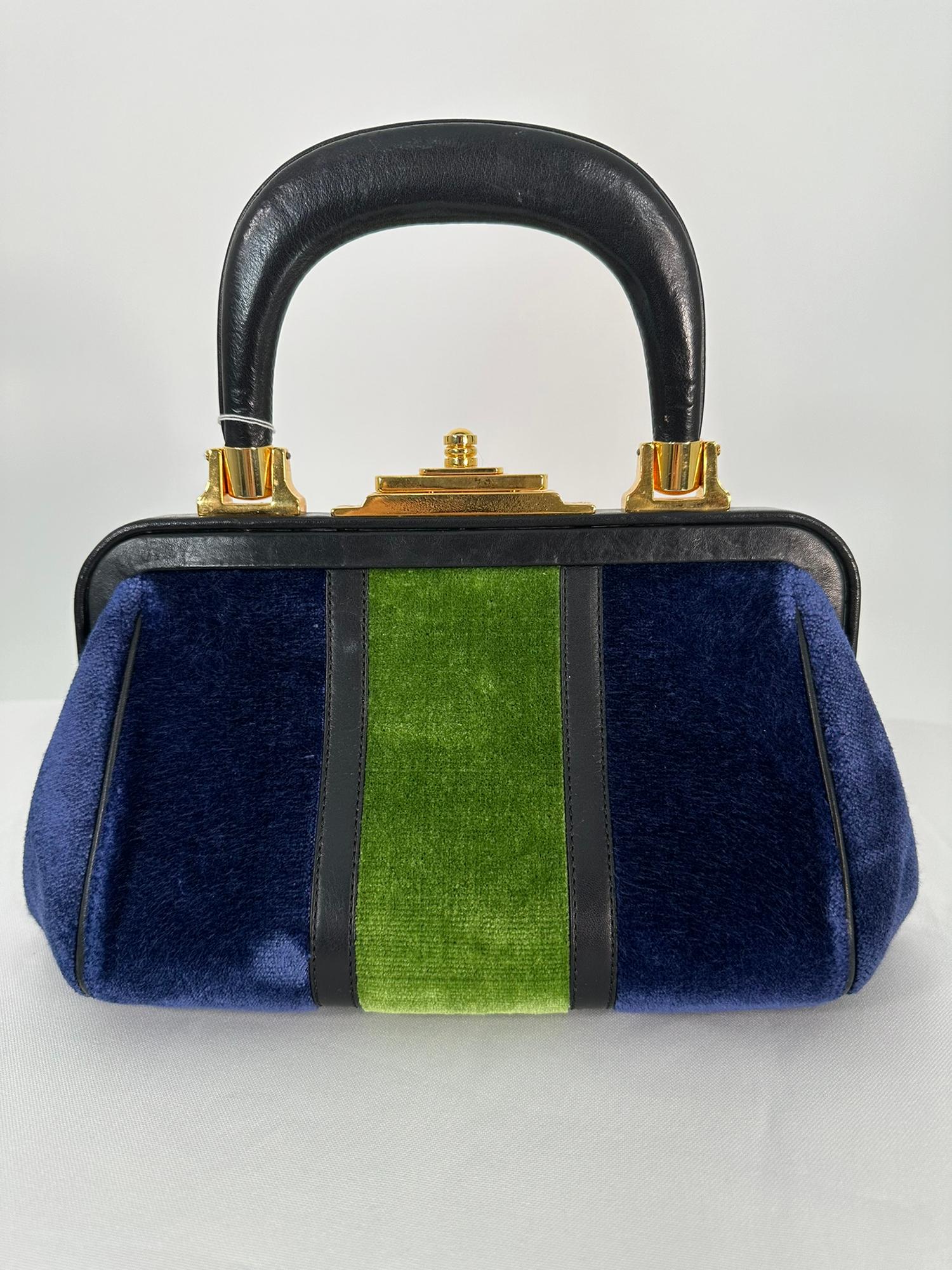 Roberta di Camerino Bagonghi bag in navy & green Bevilacqua velvet with black leather handle & trim and gold hardware. A stylish little bag that will hold an I phone! Roberta di Camerino bags are little works of art, beautifully made, using quality
