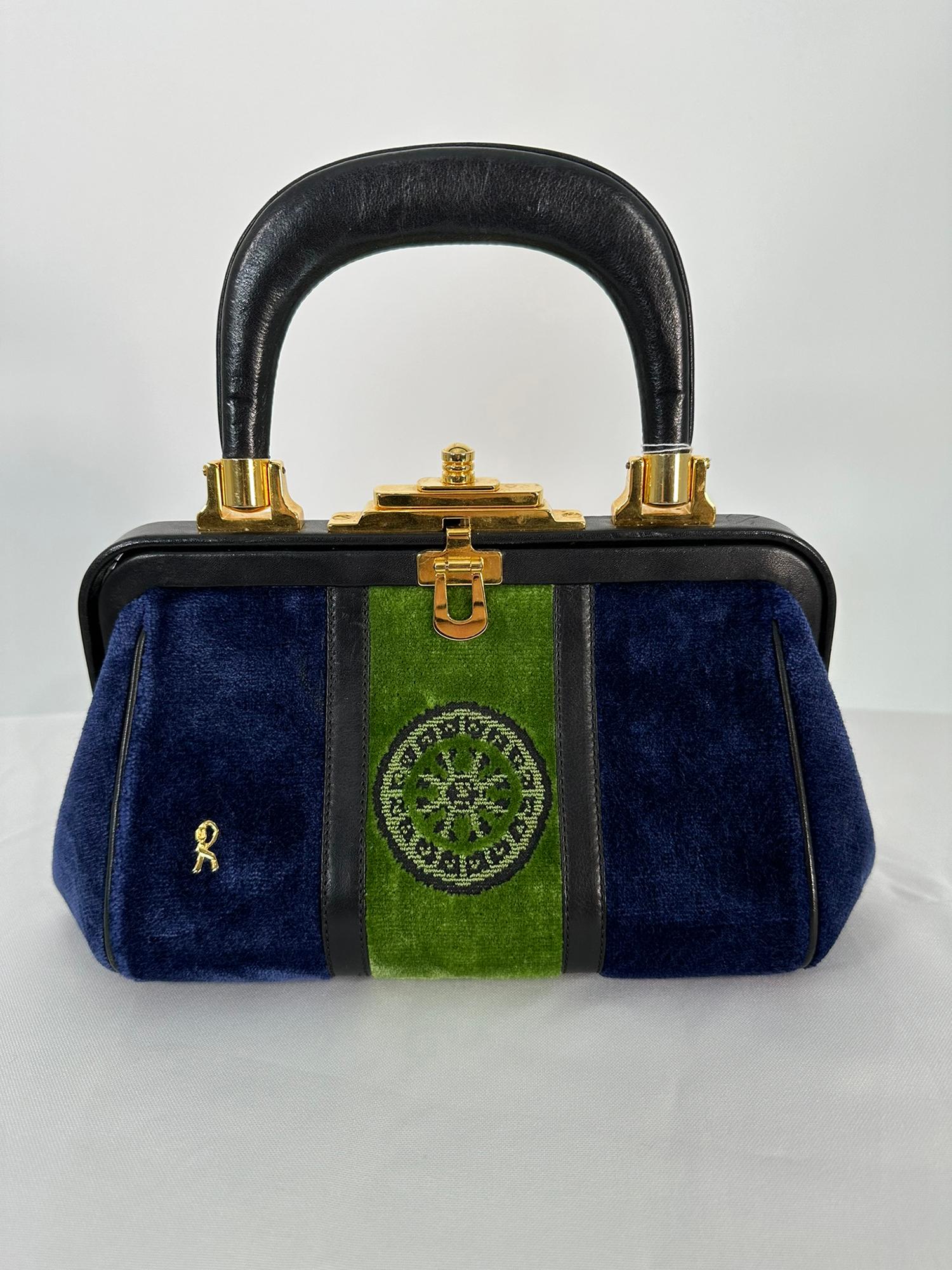 Black Roberta di Camerino Bagonghi Bag Navy /Green Velvet Frame Bag With Gold Hardware