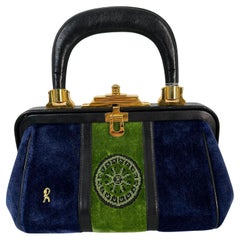 Roberta Di Camerino Sac Bagonghi Sac à armature en velours marine/verte, avec des accessoires en or