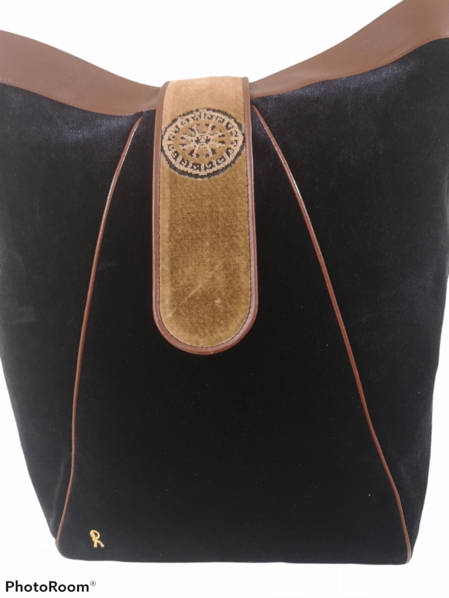 Black Roberta di Camerino blue velvet brown leather shoulder bag
