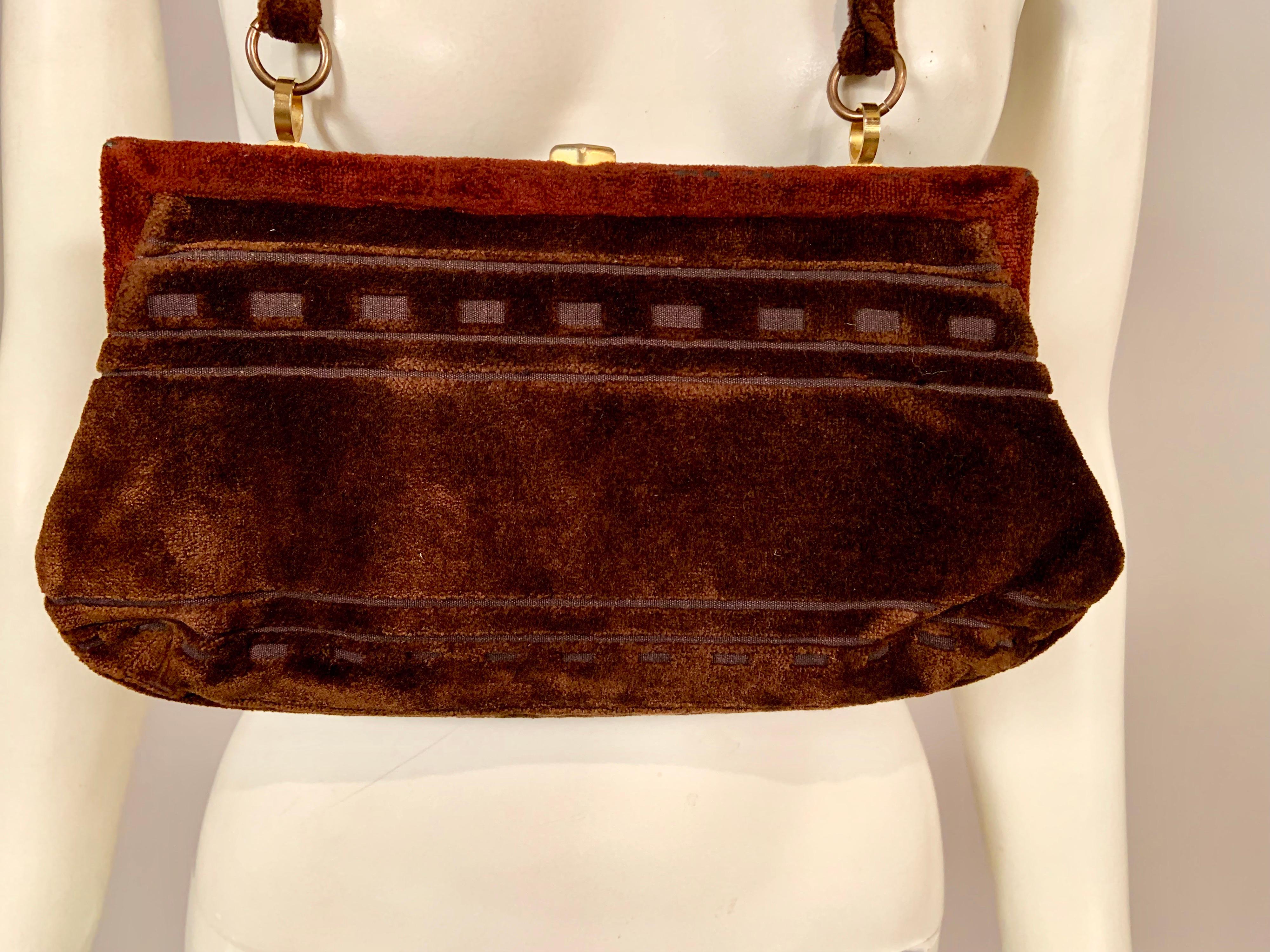 Roberta di Camerino Brown Velvet Clutch Shoulder Bag or Top Handle Bag In Excellent Condition In New Hope, PA