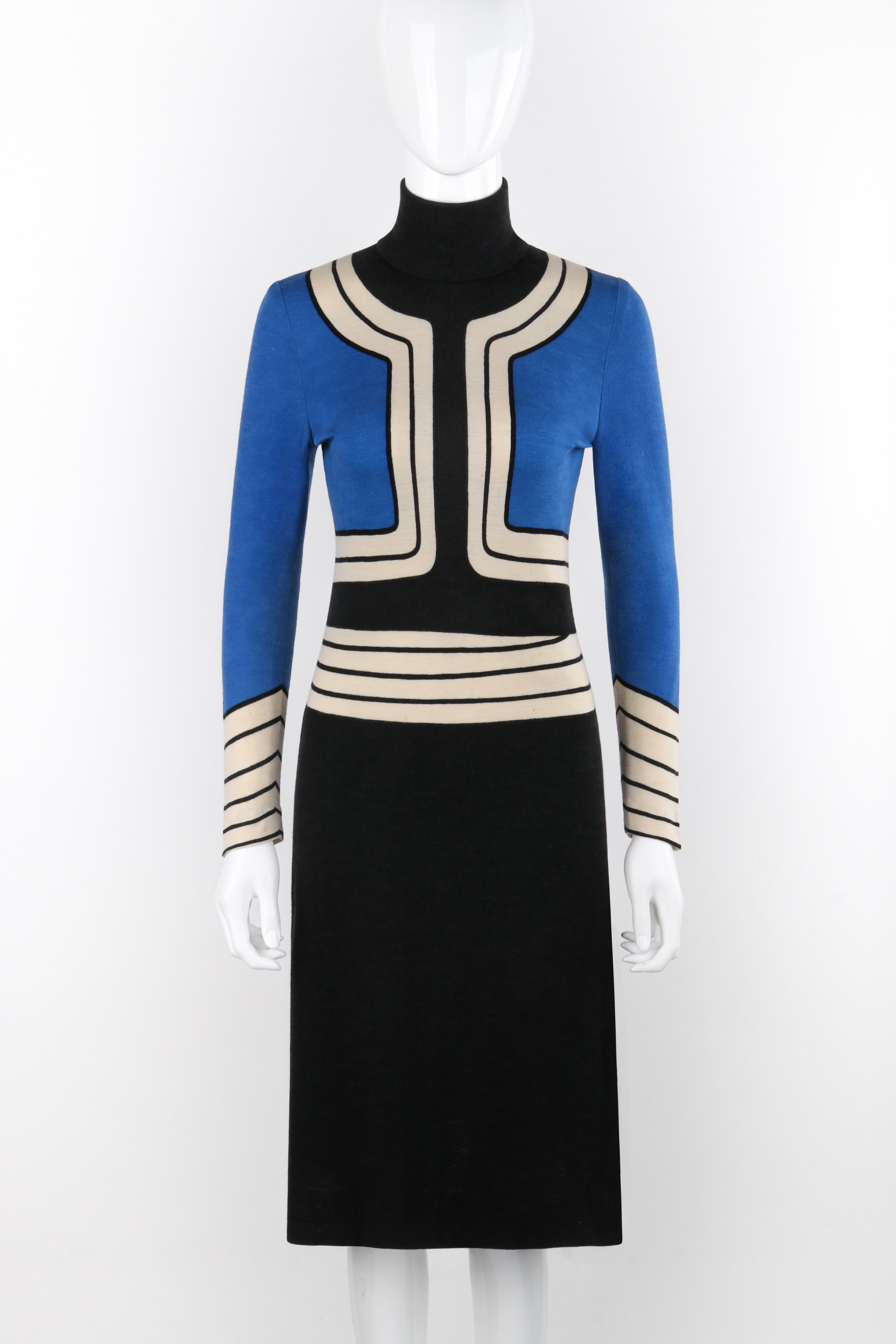 Brand / Manufacturer: Roberta Di Camerino
Circa: 1960s
Designer: Roberta Di Camerino
Style: Longsleeve turtleneck dress
Color(s): Shades of blue, white, black
Lined: No
Unmarked Fabric Content (feel of): Polyester (primary material), metal