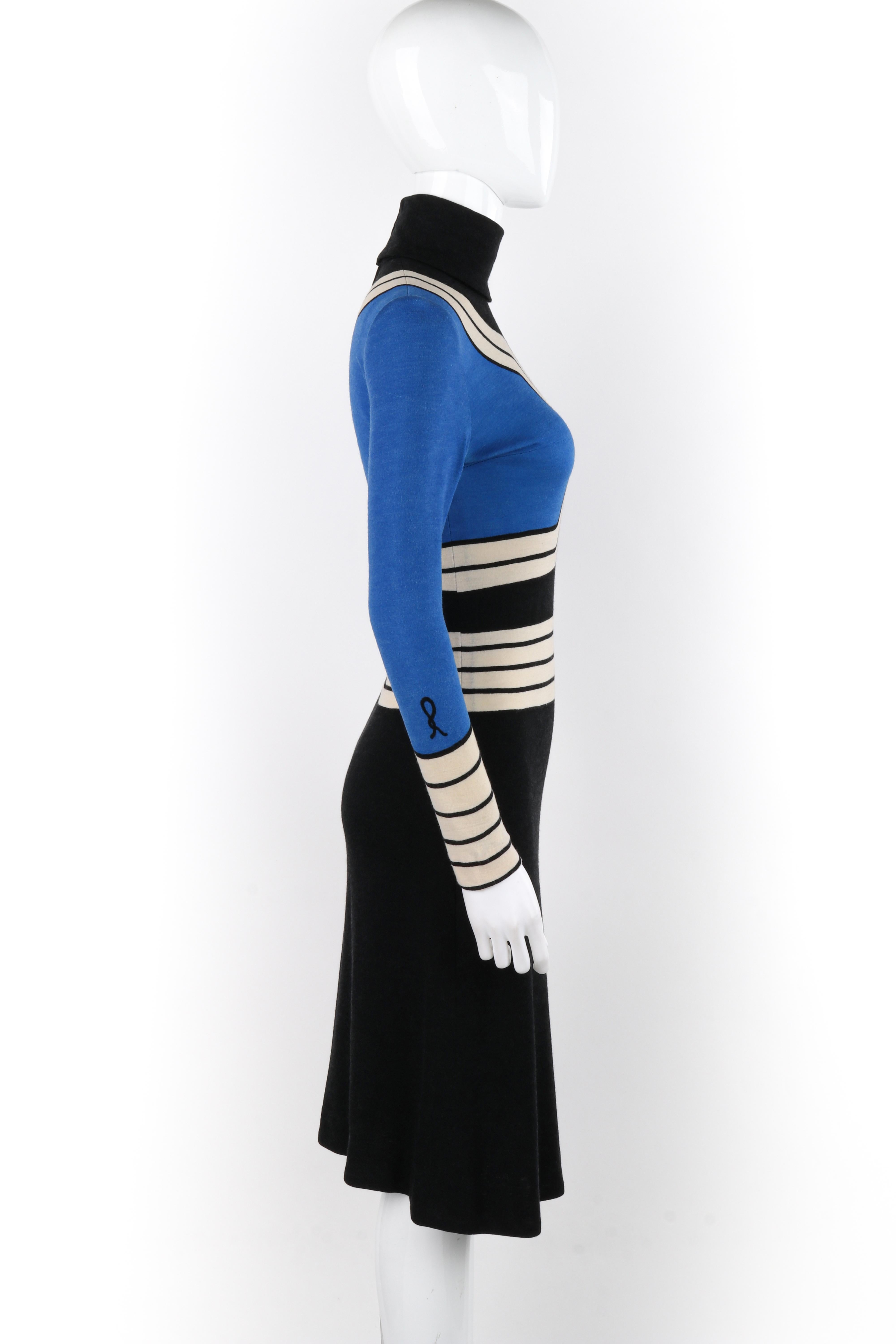 ROBERTA DI CAMERINO ca. 1960er Jahre Blaues Schwarzes Rollkragenkleid aus Stretchstrick mit geometrischem Rollkragen Damen im Angebot