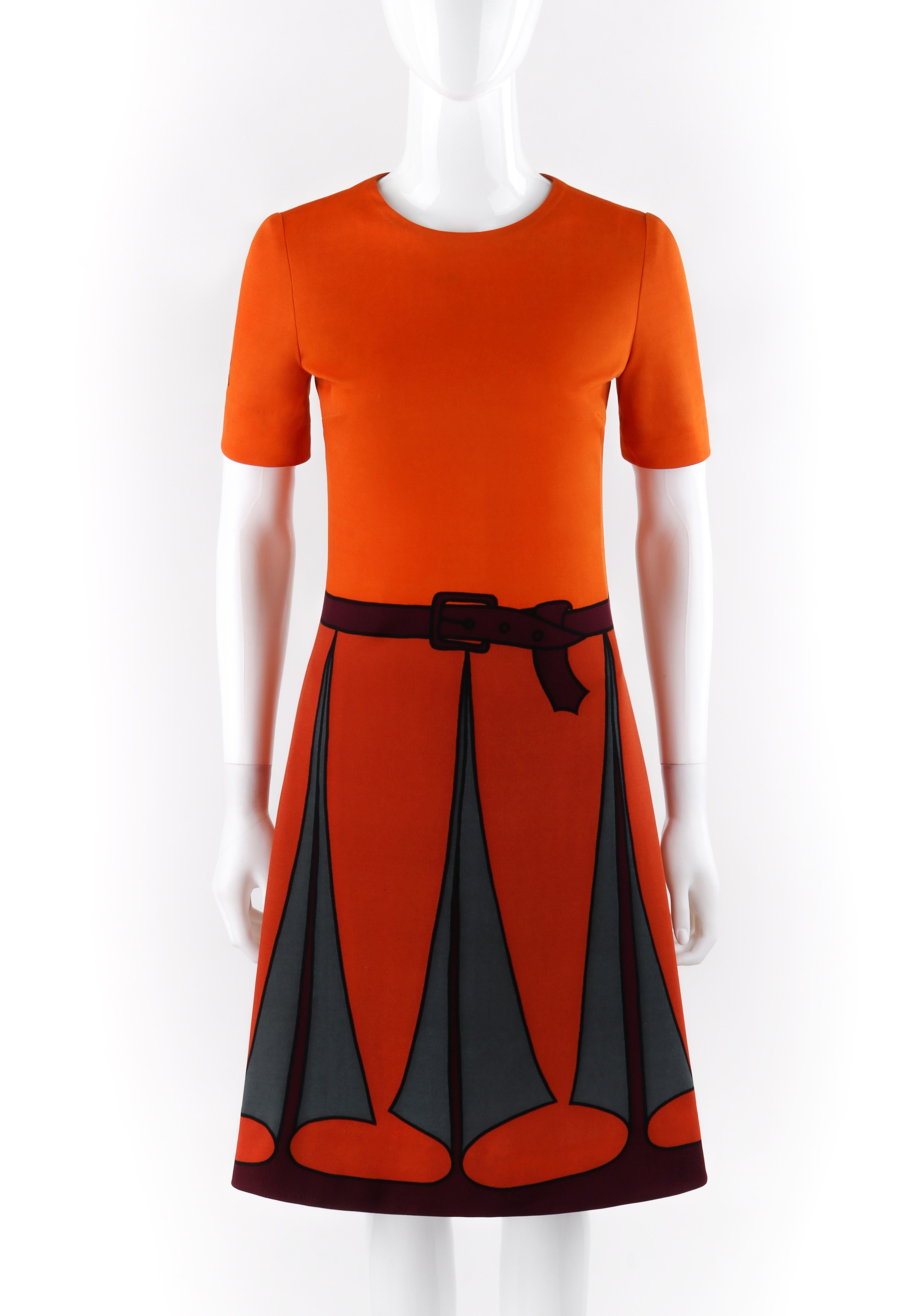 ROBERTA di CAMERINO c.1970’s Short Sleeve Trompe L’oeil Sheath Dress

Circa: 1970’s
Label(s): Roberta di Camerino
Designer: Roberta di Camerino
Style: Sheath Dress
Color(s): Shades of orange, grey, purple, and black
Lined:  No
Unmarked Fabric