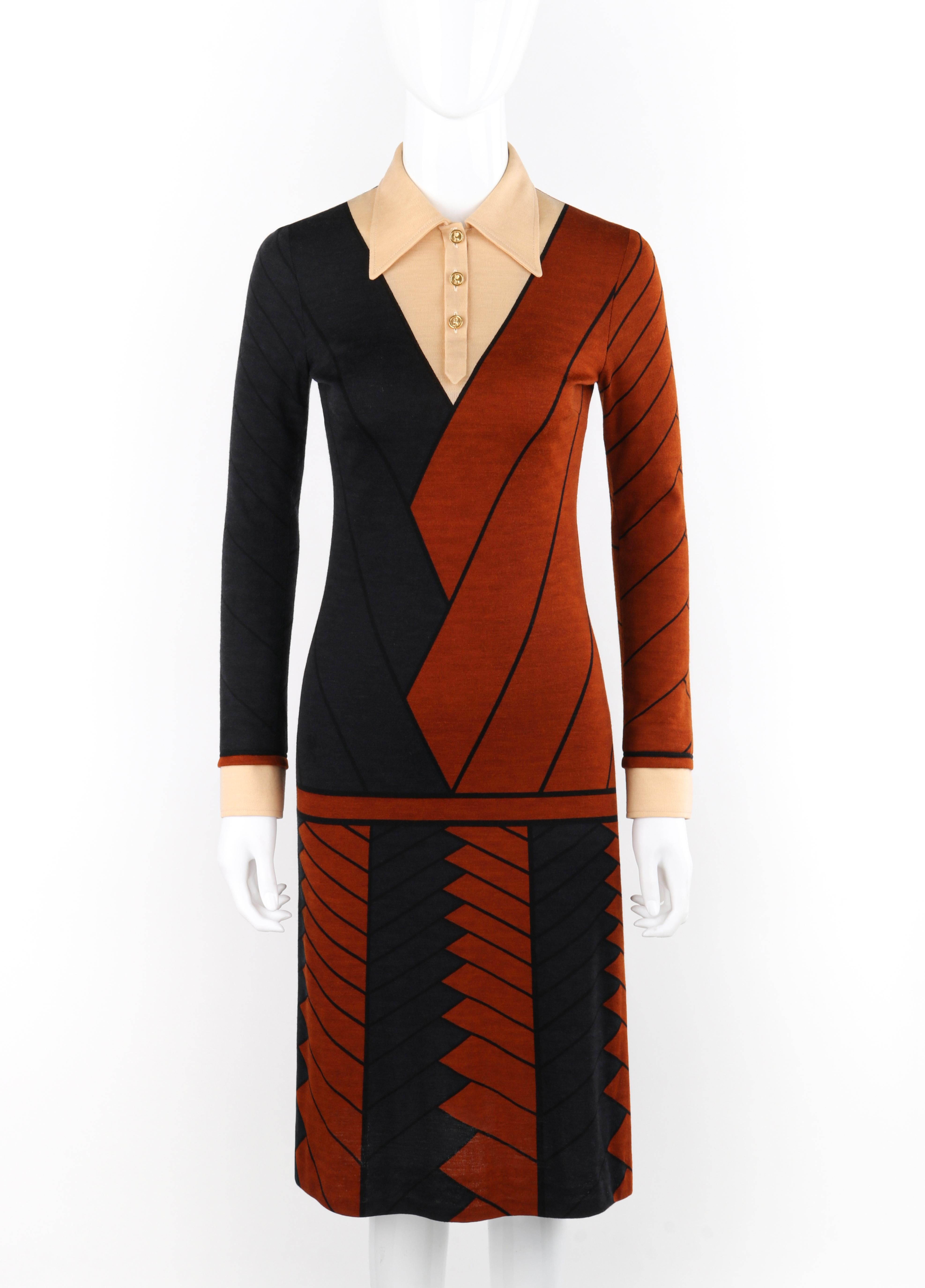 Brand / Manufacturer: Roberta Di Camerino
Circa: 1970s
Designer: Roberta Di Camerino
Style: Knee-length dress
Color(s): Shades of blue, brown, beige, gold
Lined: No
Marked Fabric Content: 