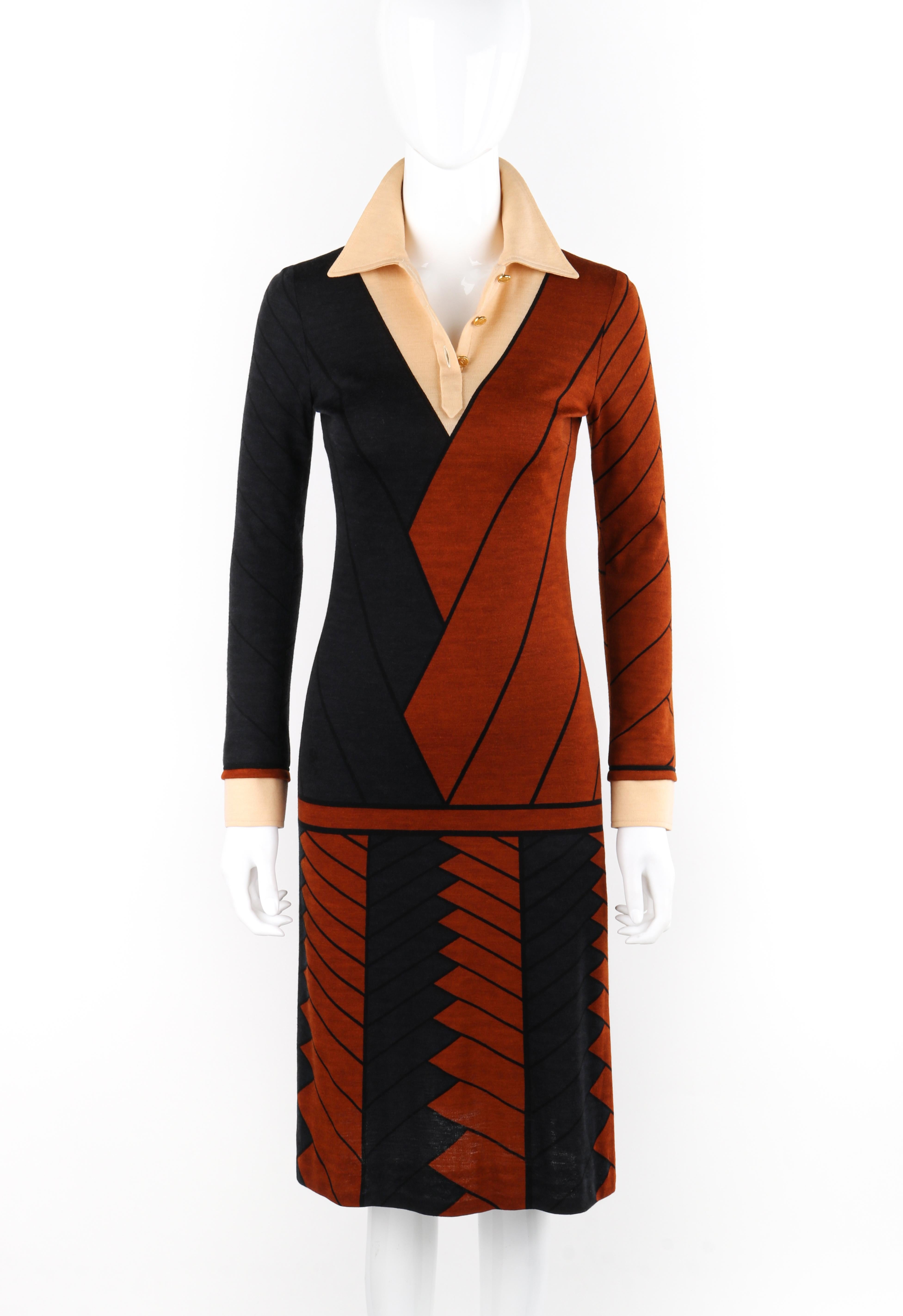 ROBERTA DI CAMERINO ca. 1970er Knielanges langärmeliges Kleid mit Kragen und Wollmuster und Kragen (Braun) im Angebot