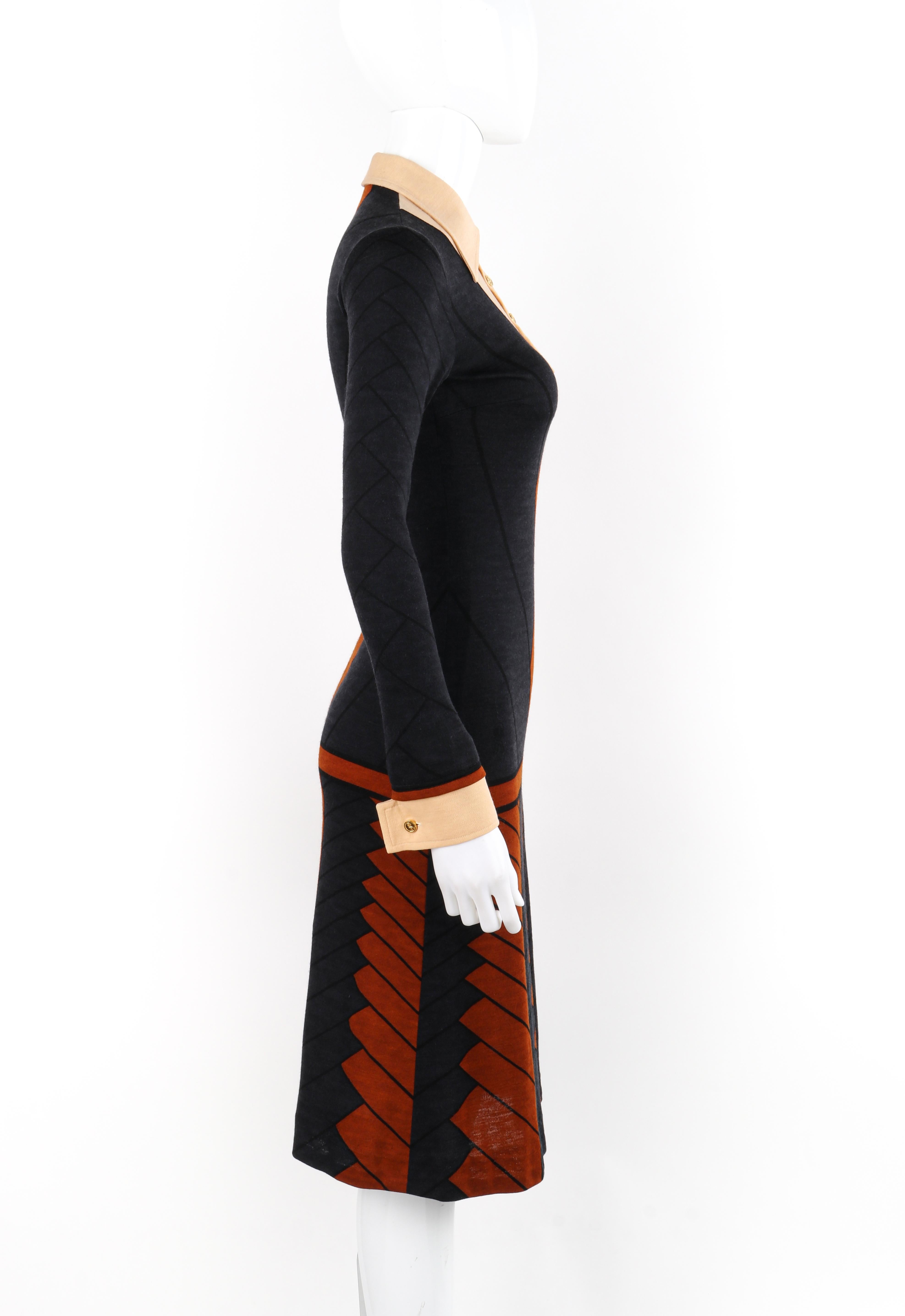 ROBERTA DI CAMERINO ca. 1970er Knielanges langärmeliges Kleid mit Kragen und Wollmuster und Kragen Damen im Angebot