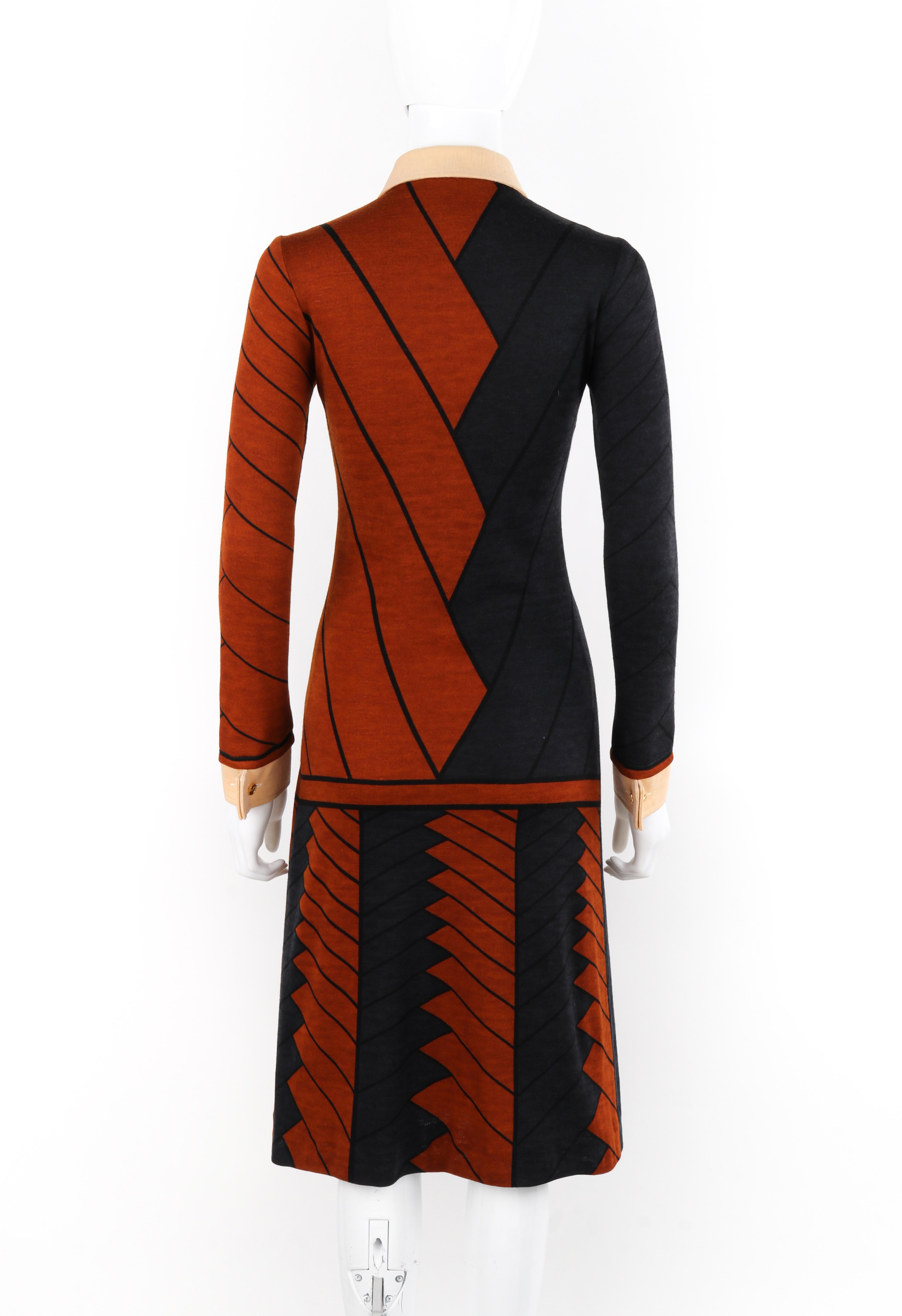 Brown ROBERTA DI CAMERINO c.1970s Wool Pattern Collar Knee-Length Long Sleeve Dress For Sale
