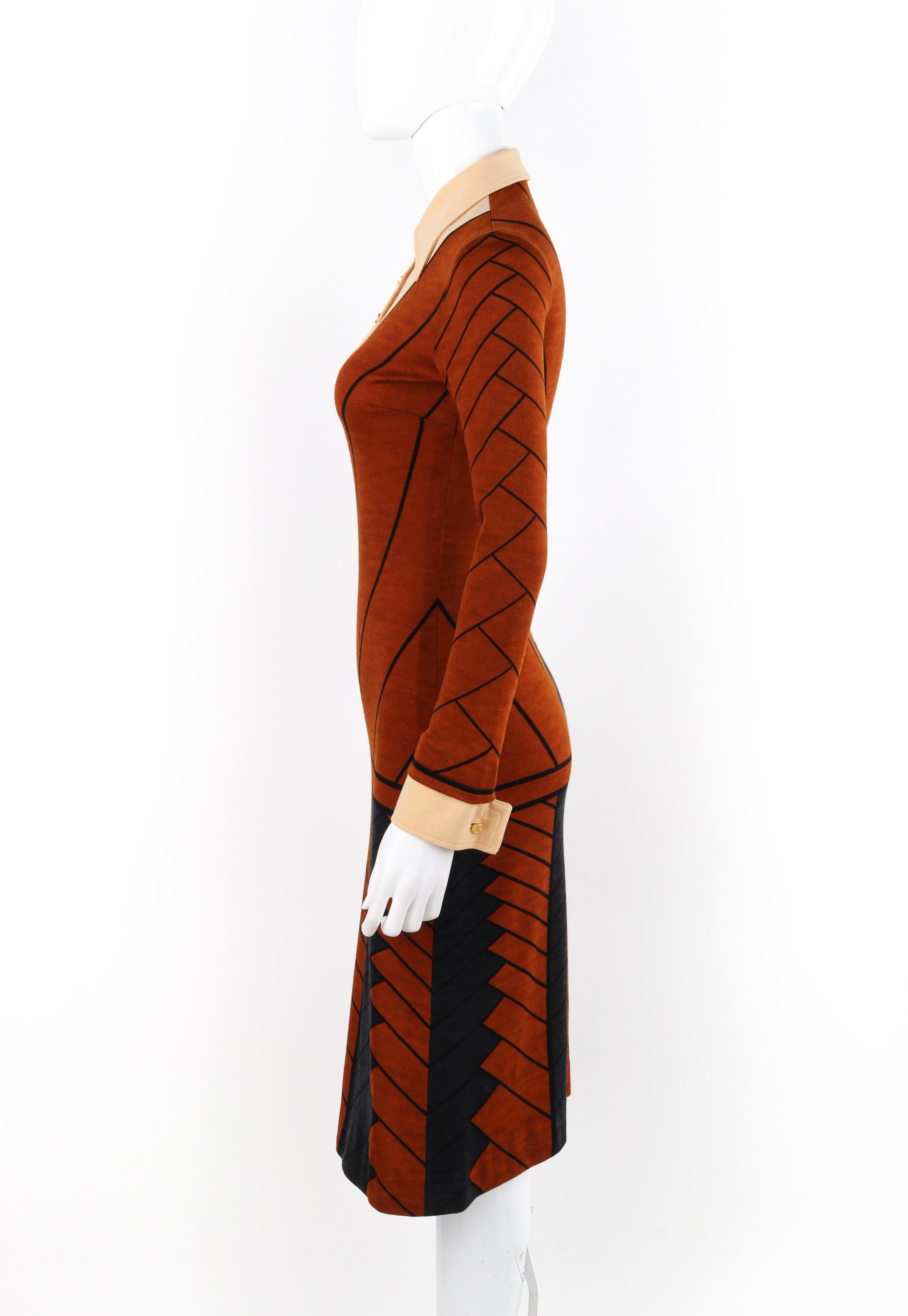 ROBERTA DI CAMERINO c.1970s Wool Pattern Collar Knee-Length Long Sleeve Dress In Good Condition For Sale In Thiensville, WI