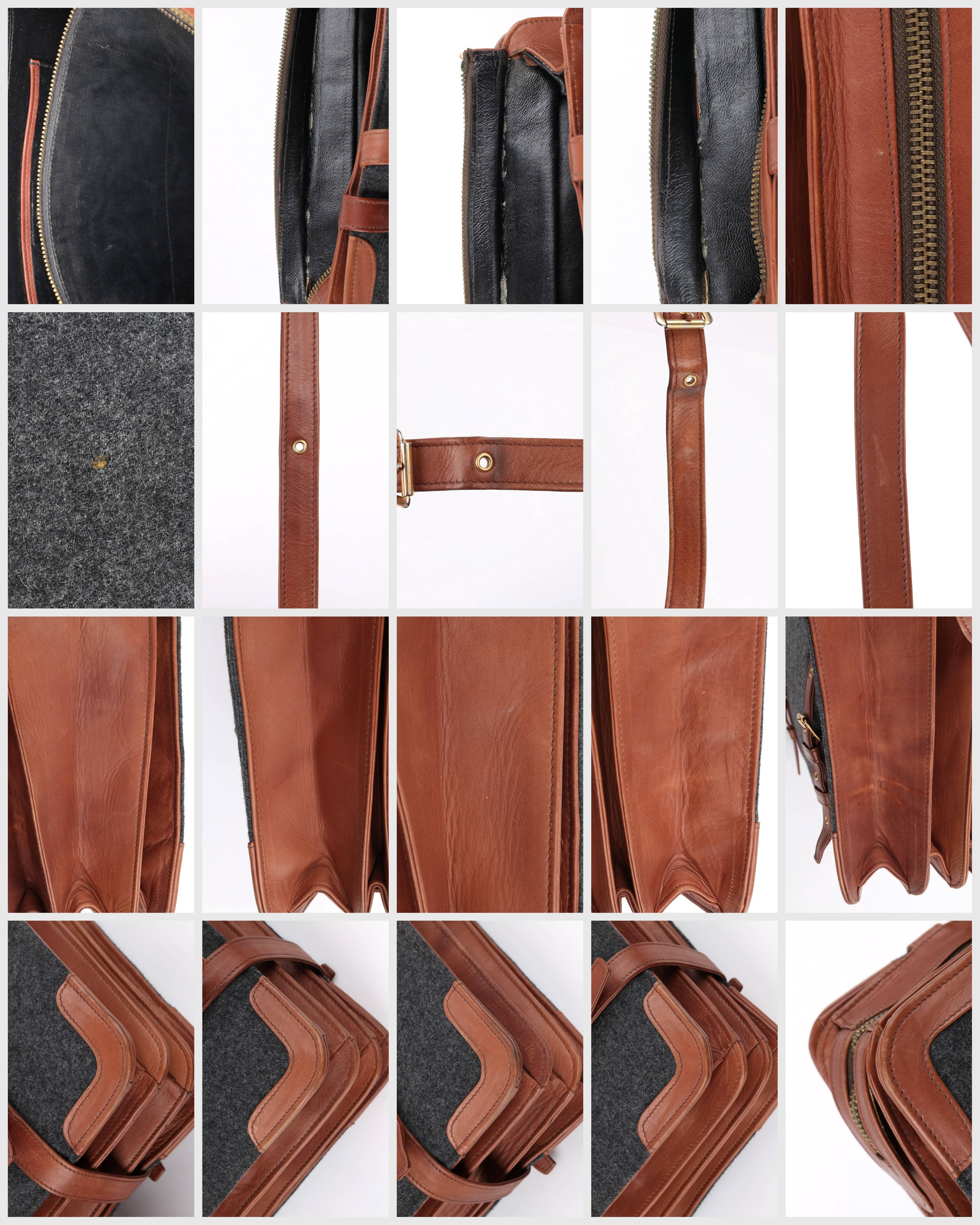 ROBERTA DI CAMERINO c.1976 Gray Wool & Brown Leather Dual Buckle Satchel Purse 2