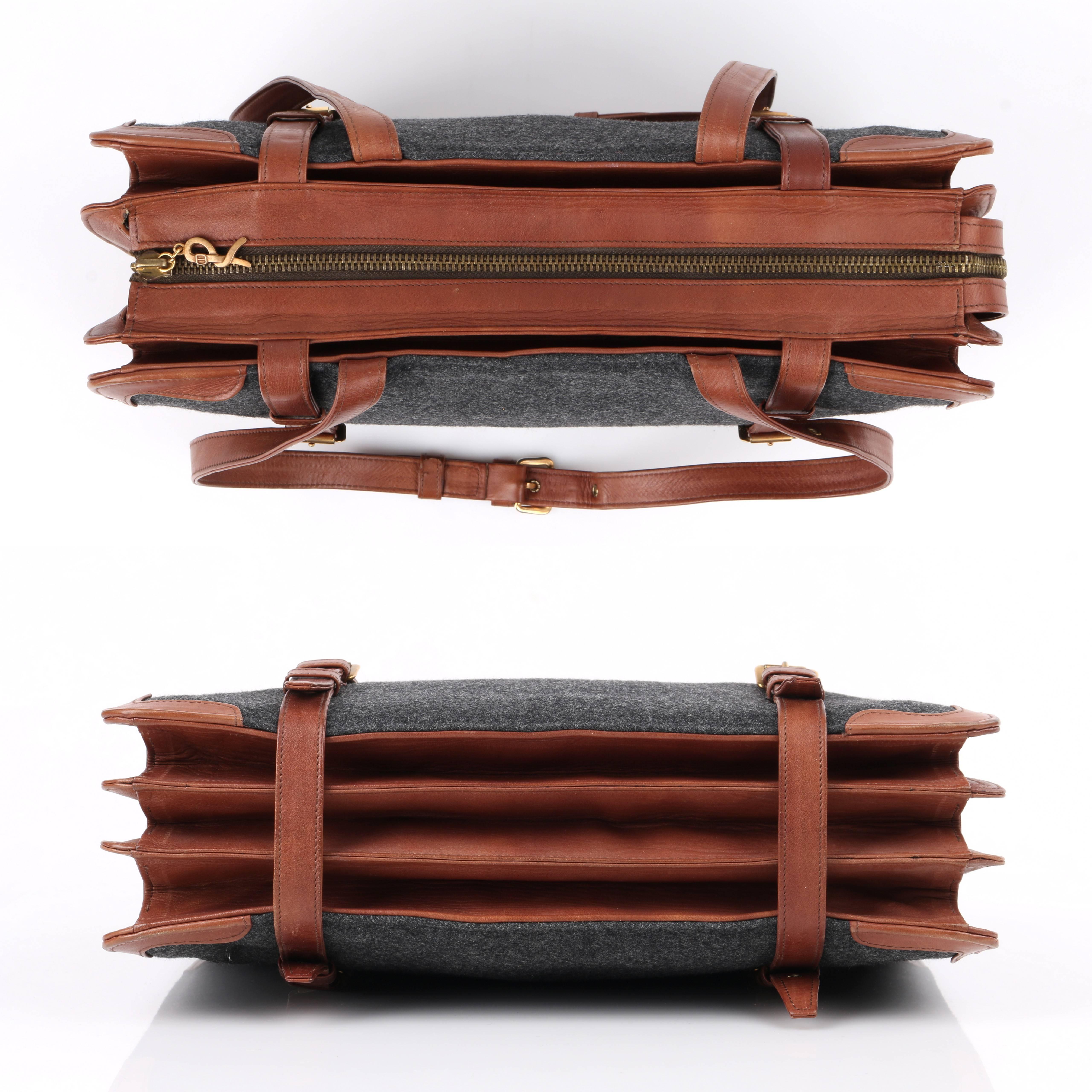 Black ROBERTA DI CAMERINO c.1976 Gray Wool & Brown Leather Dual Buckle Satchel Purse