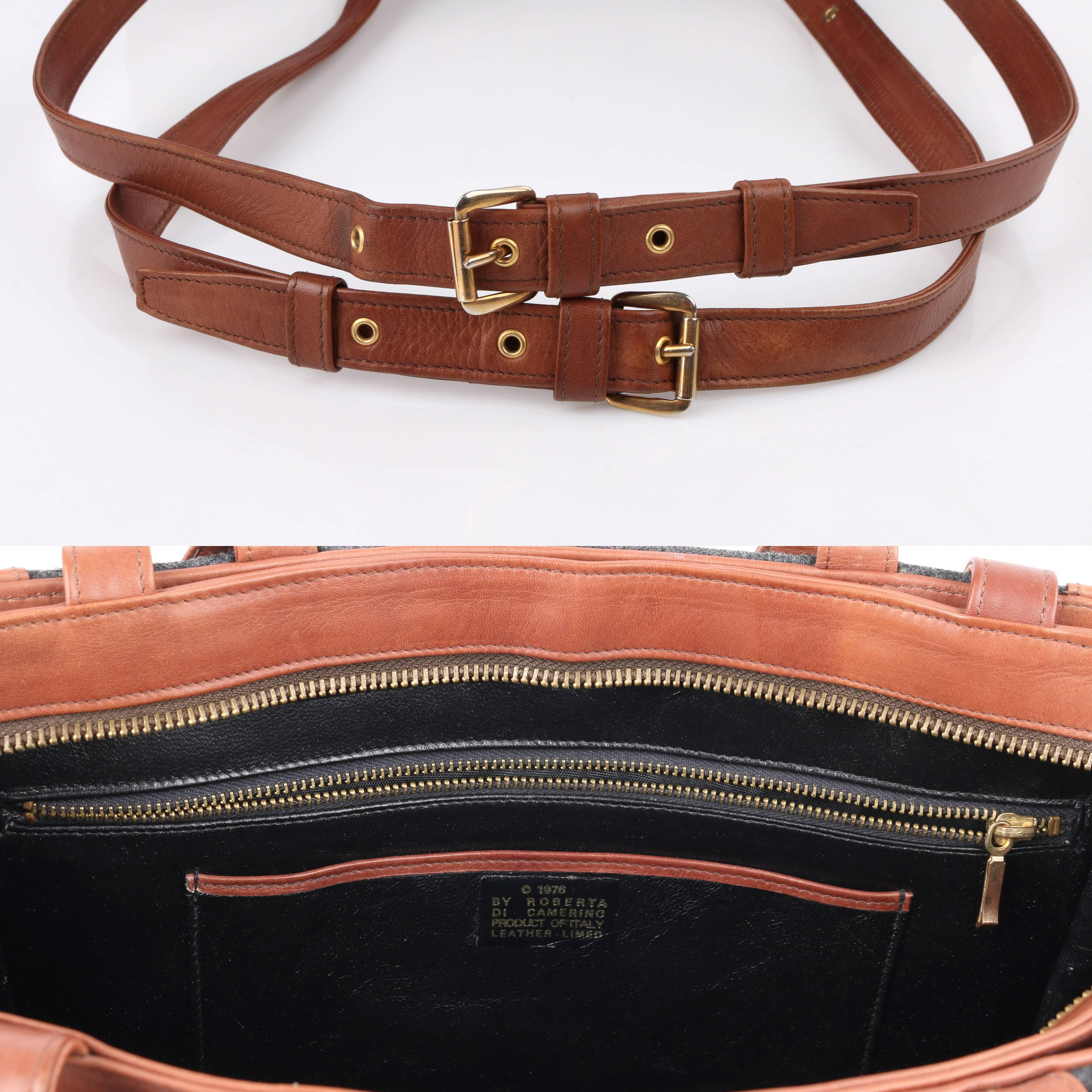 Women's ROBERTA DI CAMERINO c.1976 Gray Wool & Brown Leather Dual Buckle Satchel Purse