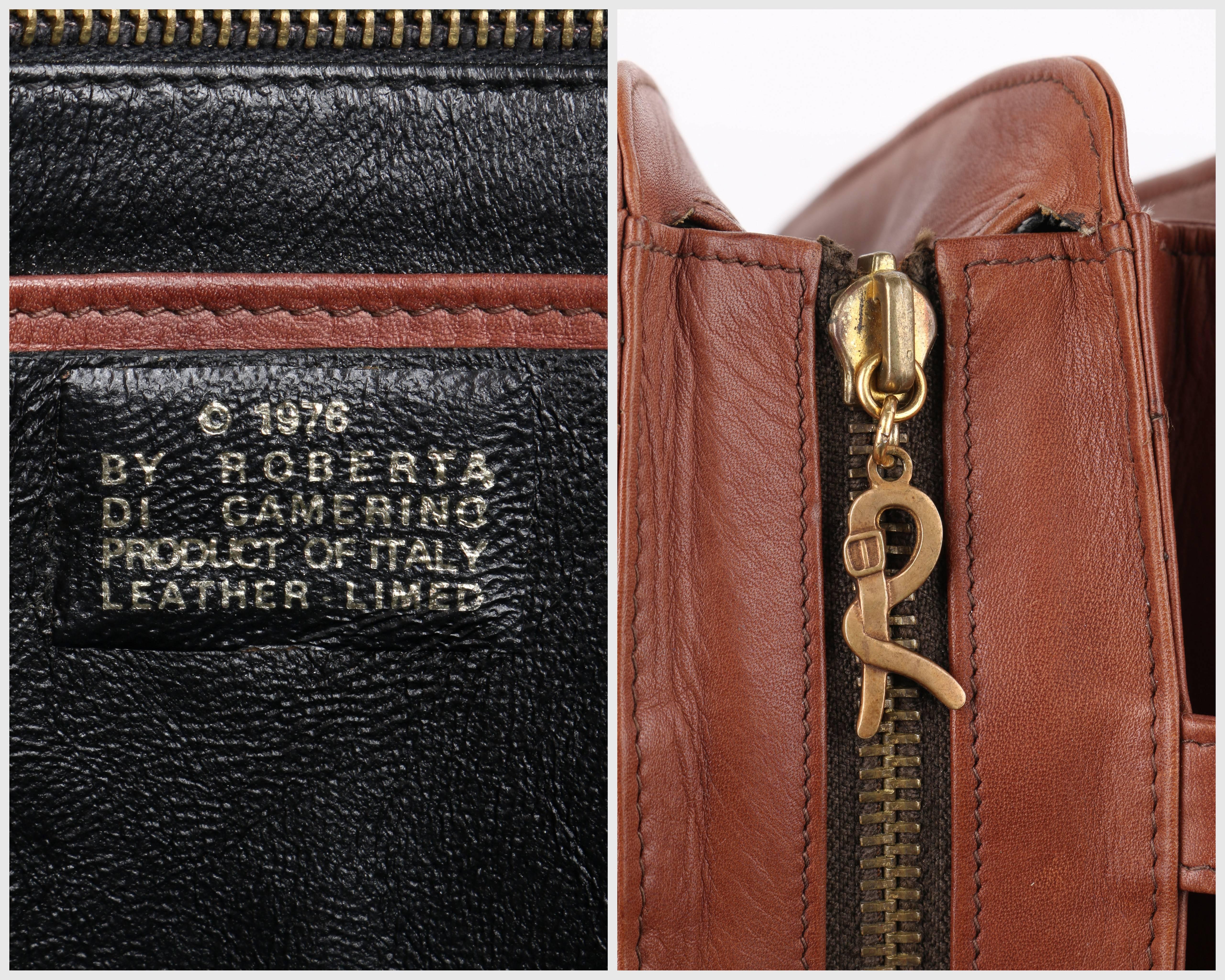 ROBERTA DI CAMERINO c.1976 Gray Wool & Brown Leather Dual Buckle Satchel Purse 1