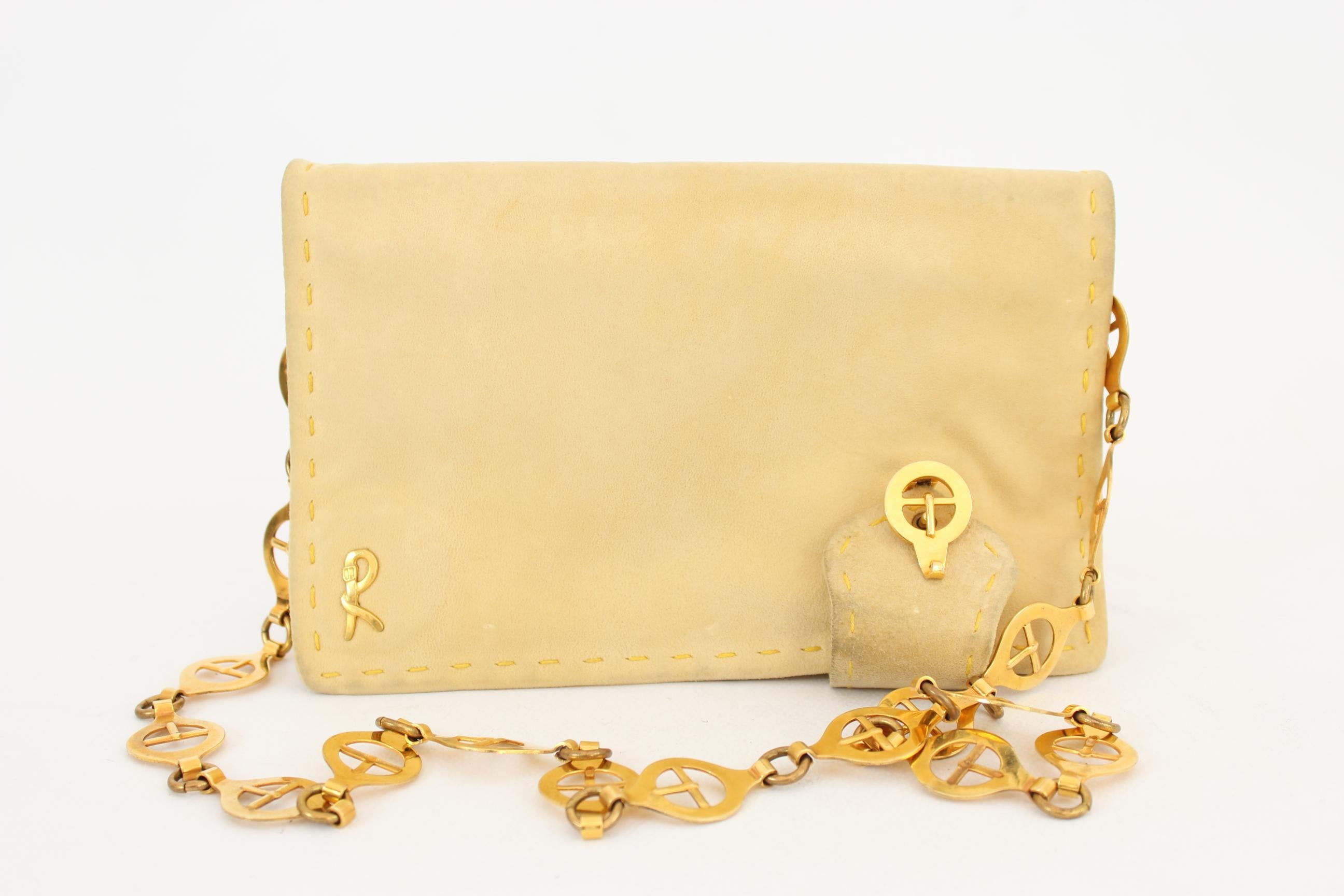 Orange Roberta di Camerino Leather Suede Beige Golden Chain Strap Shoulder Bag 1990s