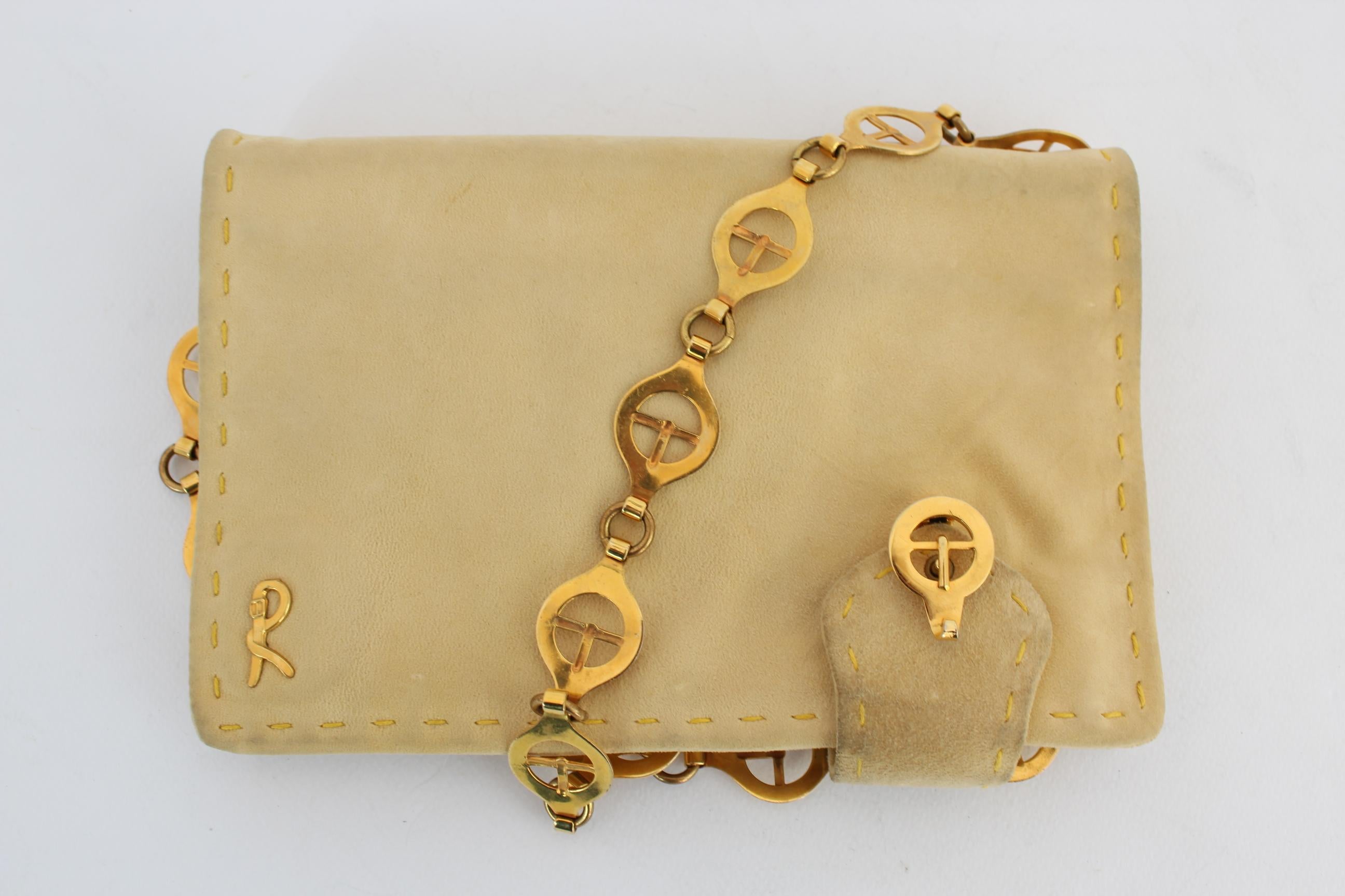 Roberta di Camerino Leather Suede Beige Golden Chain Strap Shoulder Bag 1990s 3