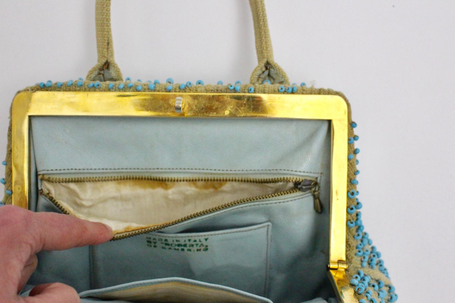 Roberta di Camerino Off White Vintage Canvas Handbag with blue Beads Italy c1950 9