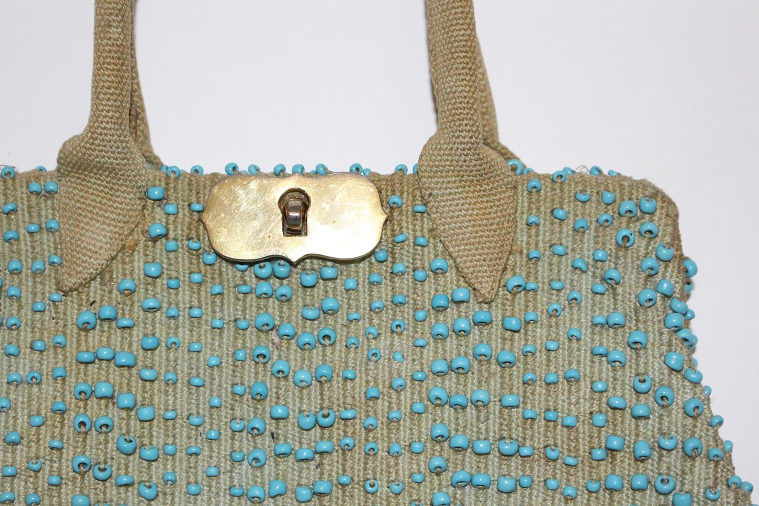 Roberta di Camerino Off White Vintage Canvas Handbag with blue Beads Italy c1950 In Fair Condition In Vienna, AT