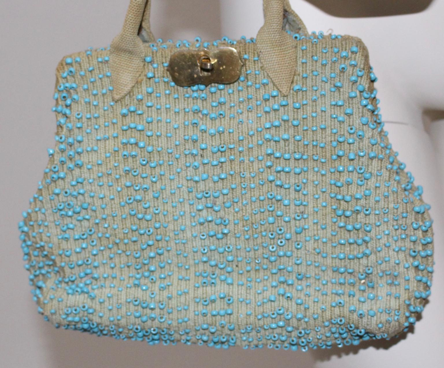 Women's Roberta di Camerino Off White Vintage Canvas Handbag with blue Beads Italy c1950