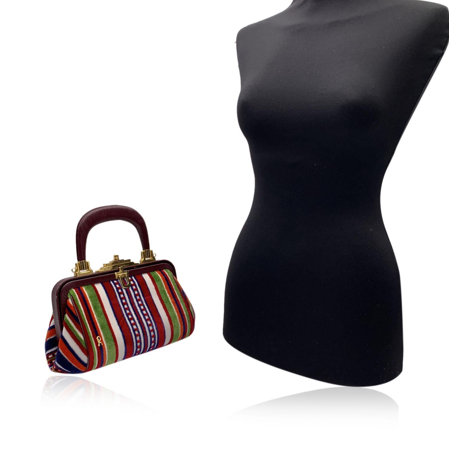 Gorgeous ROBERTA DI CAMERINO Small 'Bagonghi' Doctor Bag! Classic style in multicolor cut-out striped velvet with burgundy leather trim and handle. Gold metal hardware. It features a leather top-handle and a push-lock closure. Leather lined interior