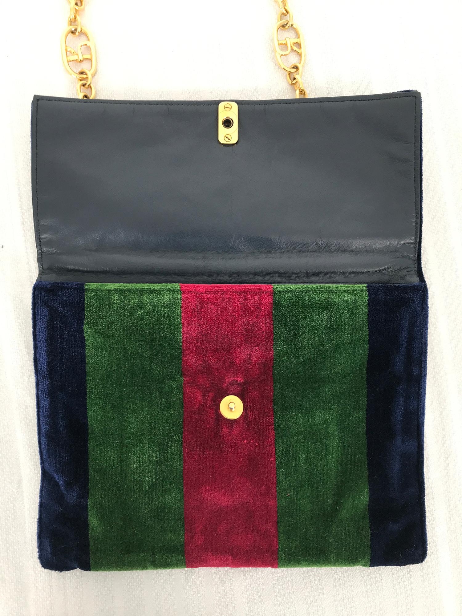 Roberta di Camerino Velvet Stripe Flap Bag With Gold R Chain 1970s In Good Condition In West Palm Beach, FL