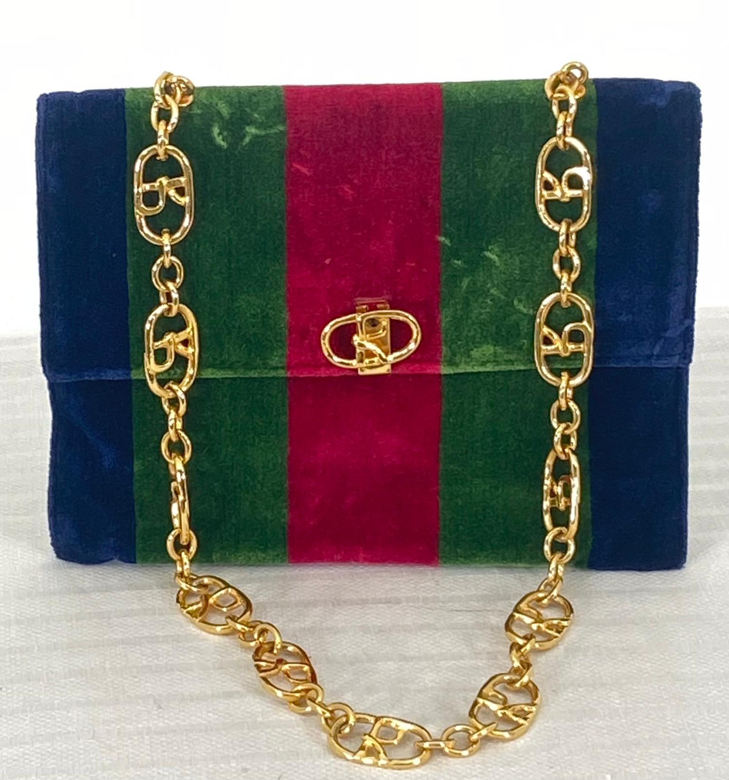 Roberta di Camerino Velvet Stripe Flap Bag With Gold R Chain 1970s 2