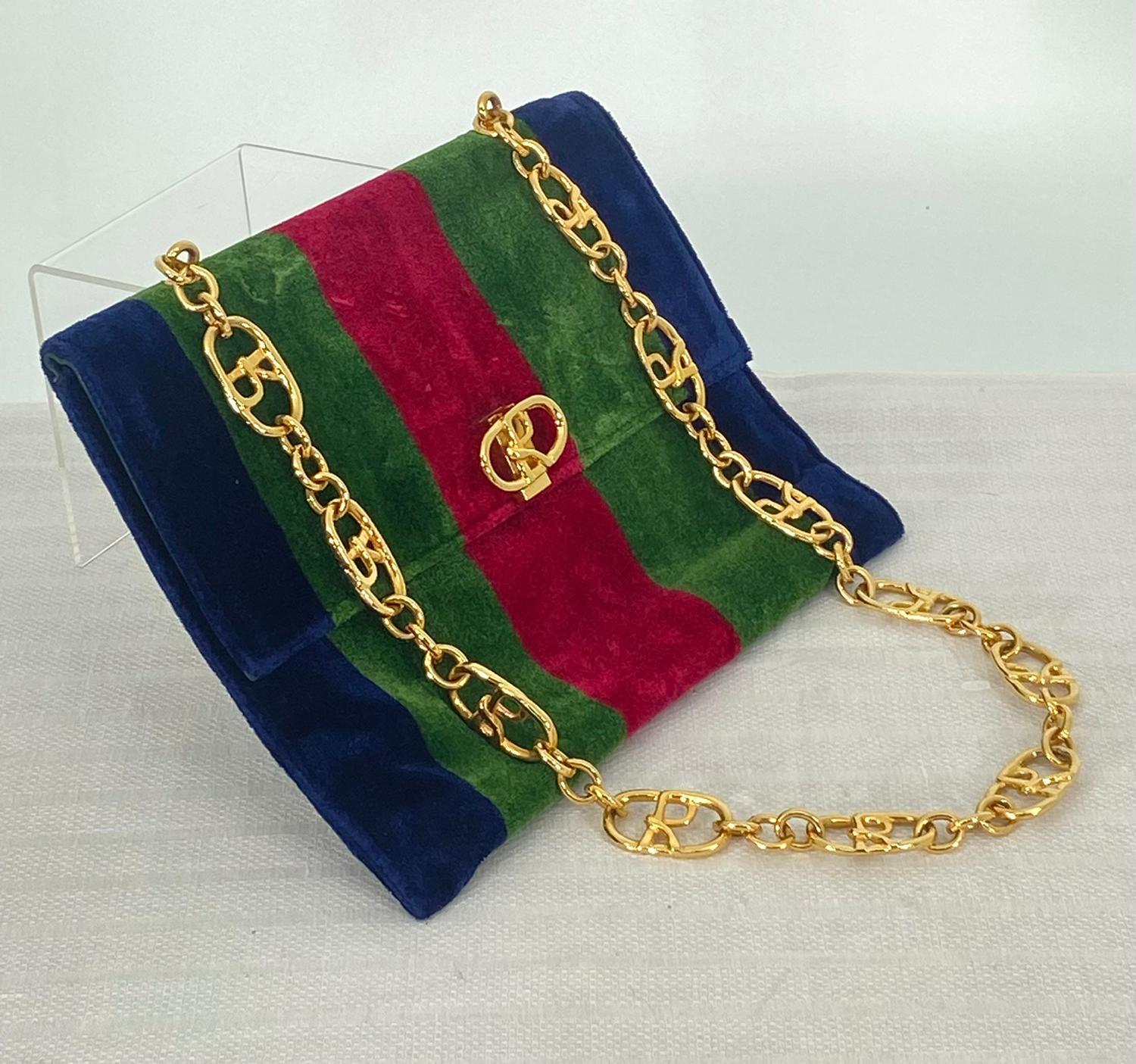Roberta di Camerino Velvet Stripe Flap Bag With Gold R Chain 1970s 3