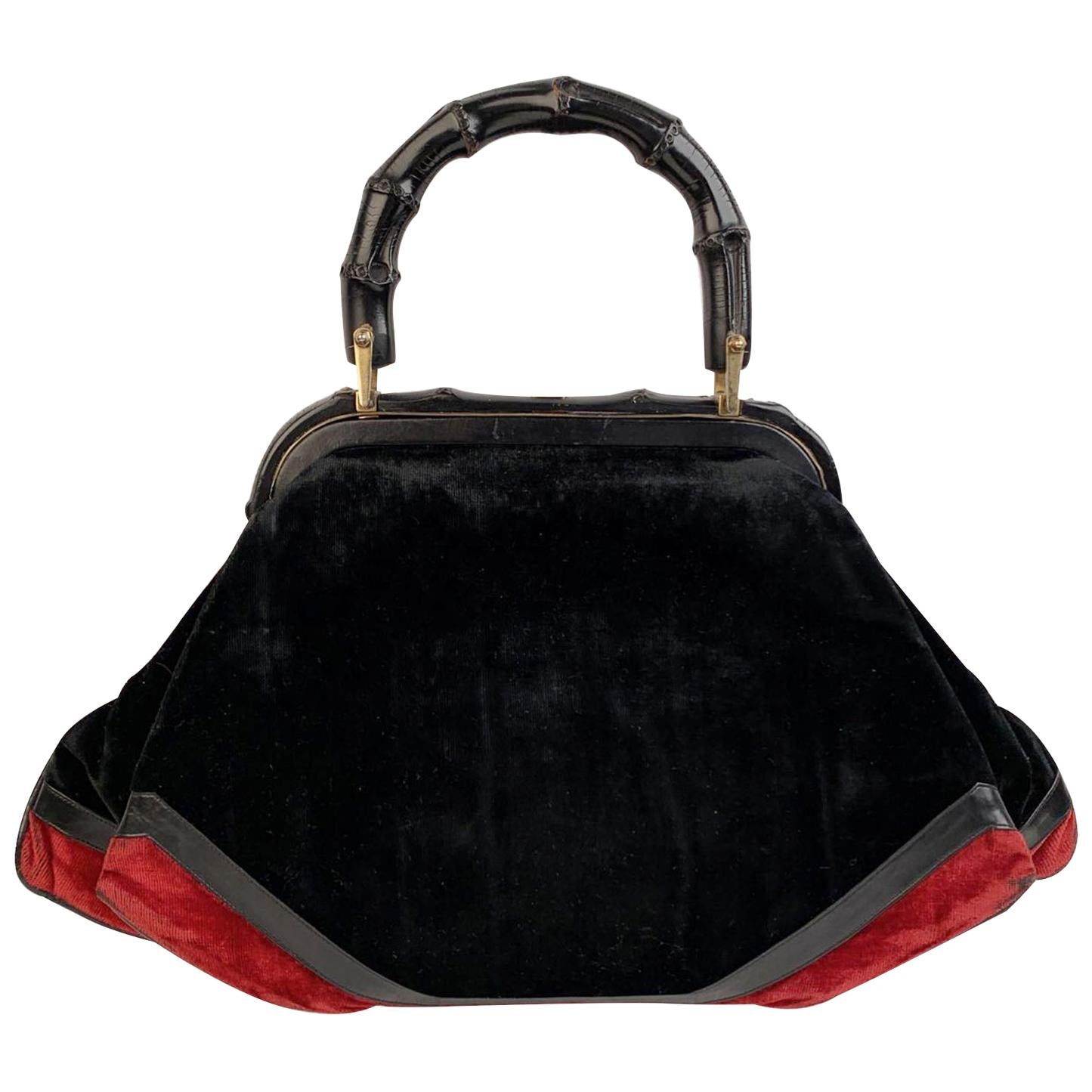 Roberta Di Camerino Vintage Black Velvet Bamboo Handle Handbag