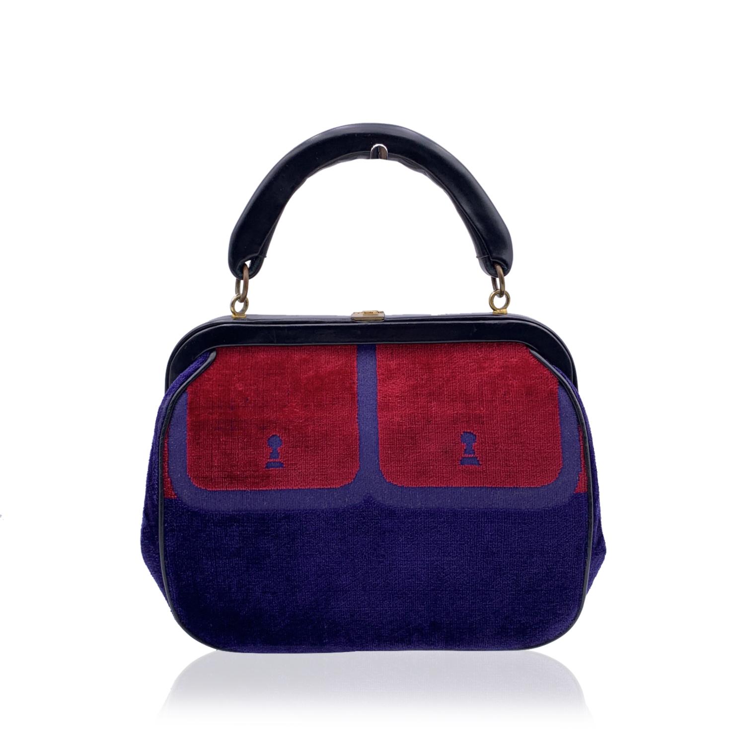 Roberta Di Camerino Vintage Blue Red Velvet Doctor Bag Handbag In Good Condition In Rome, Rome