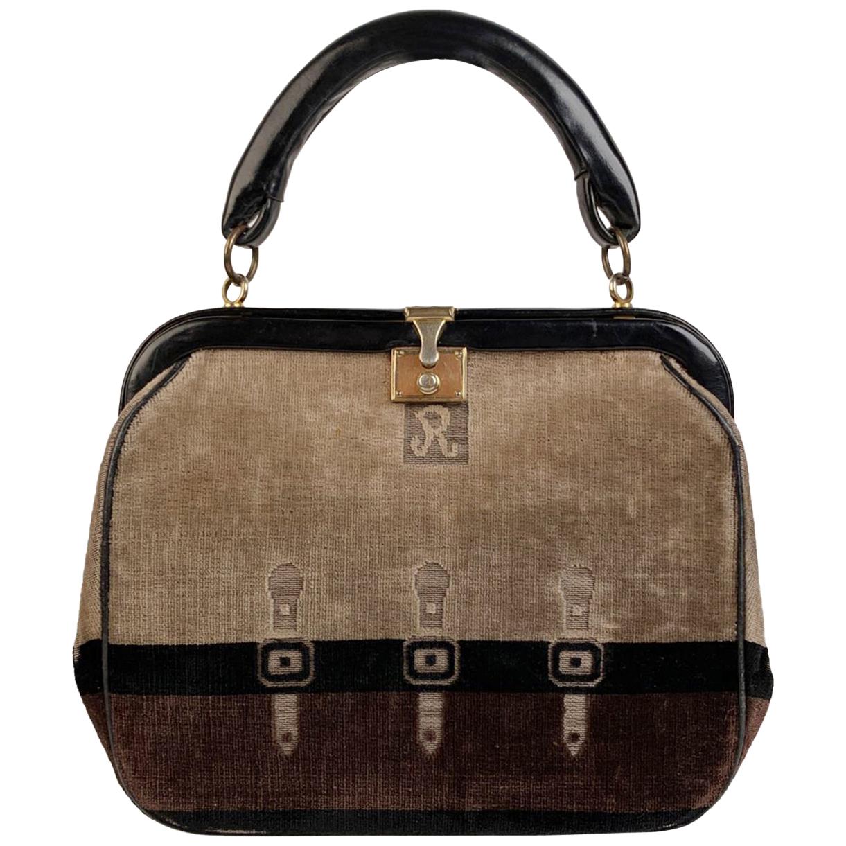 Roberta Di Camerino Vintage Brown Beige Cut Out Velvet Framed Handbag