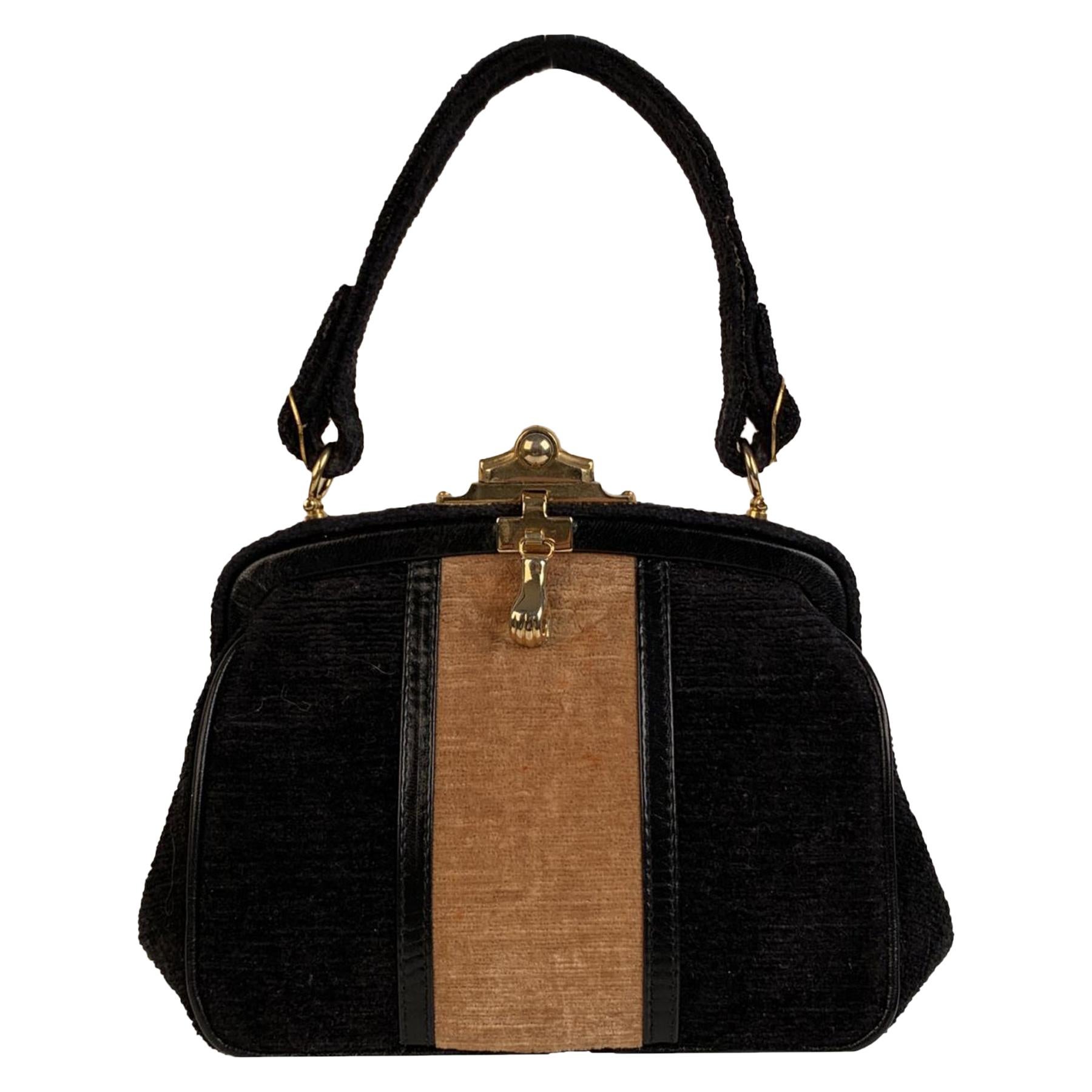 Roberta Di Camerino Vintage Brown Beige Velvet Framed Handbag