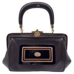 Roberta Di Camerino Vintage Brown Leather Front Enameled Handbag