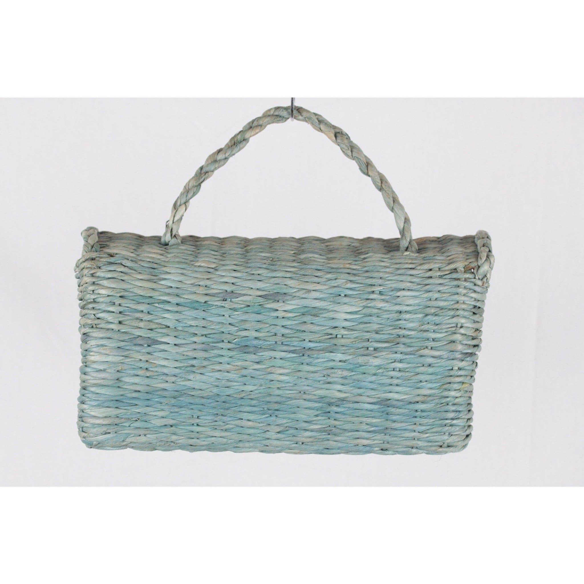 Beautiful vintage Roberta di Camerino aqua green Woven Raffia Straw Handbag Bag. Gold metal hardware. Flap with double button closure on the front. Internal lining (color, fabric): Green leather lining. Internal sections: 1 side zip pocket & 2 side
