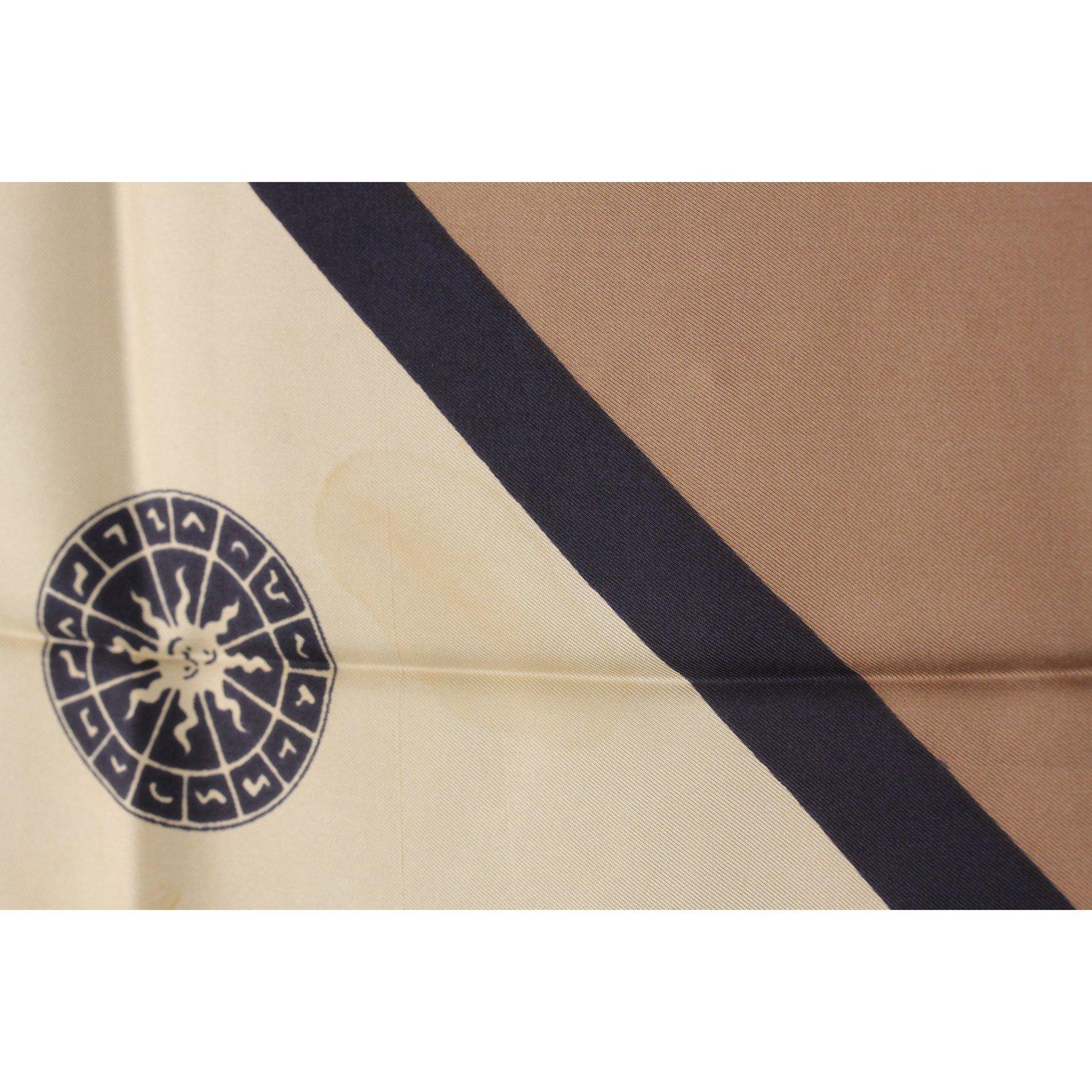Roberta Di Camerino Vintage Navy Blue Brown Beige Silk Scarf 1