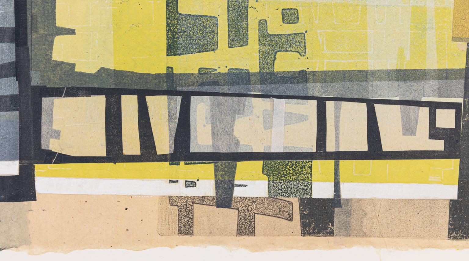 Blocs du milieu du siècle dernier - Impression abstraite en jaune marine pêche d'inspiration Mid Mod - Print de Roberta E. Laine