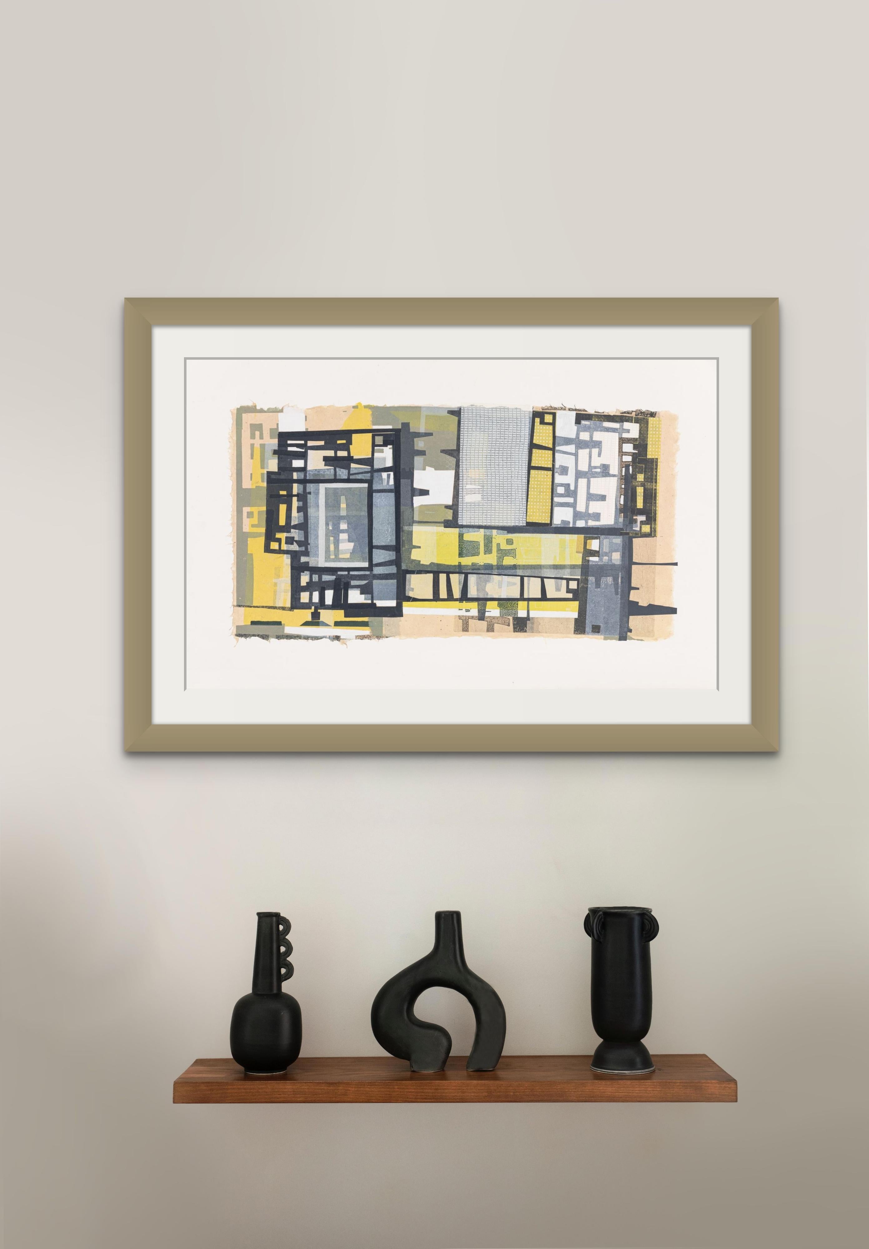 Midcentury Blocks - Abstract Print in Navy Yellow Peach Mid Mod Inspired For Sale 4