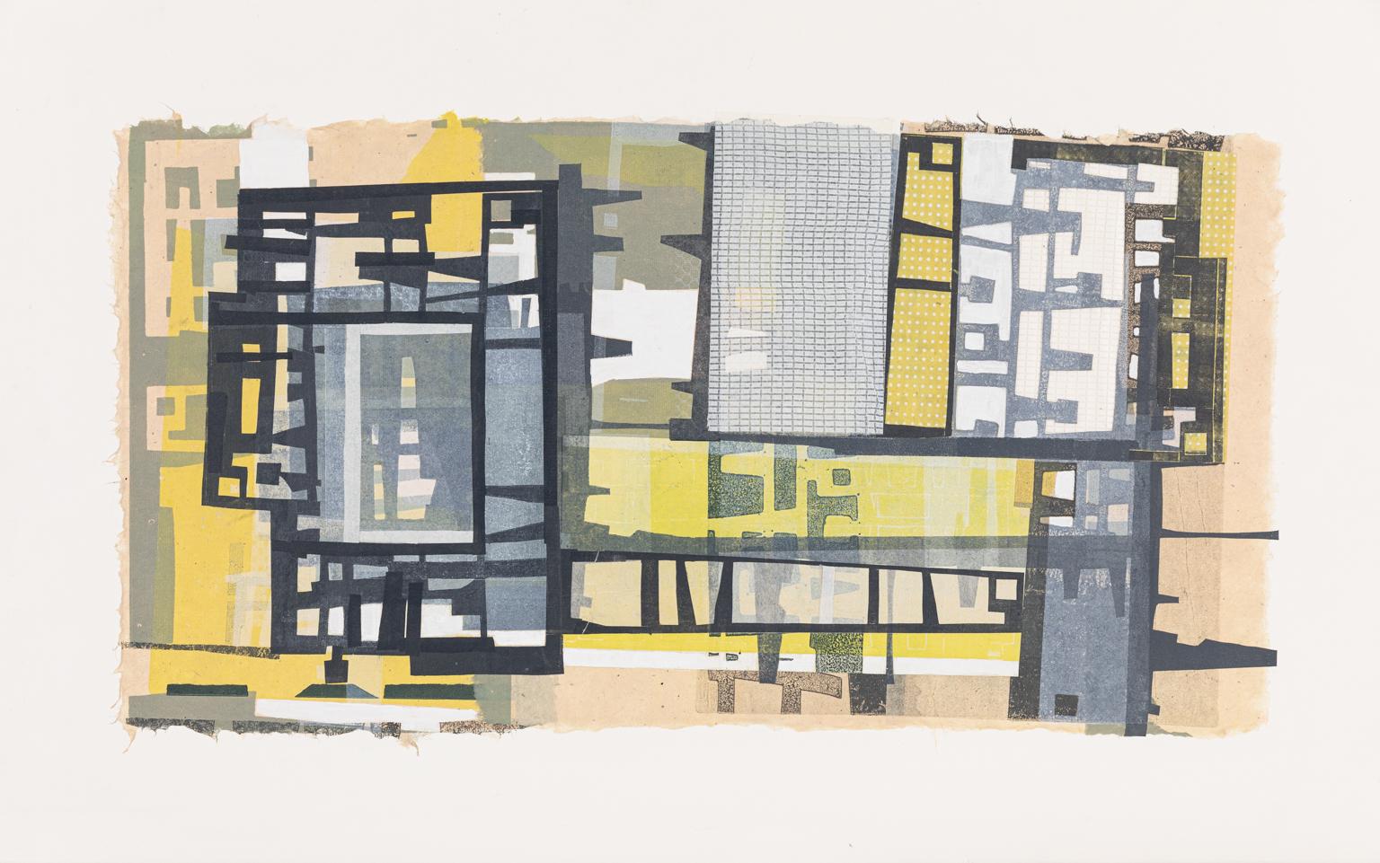 Roberta E. Laine Abstract Print – Mid-Century-Blöcke - Abstrakter Druck in Marinegelb Pfirsich Mid-Mod inspiriert