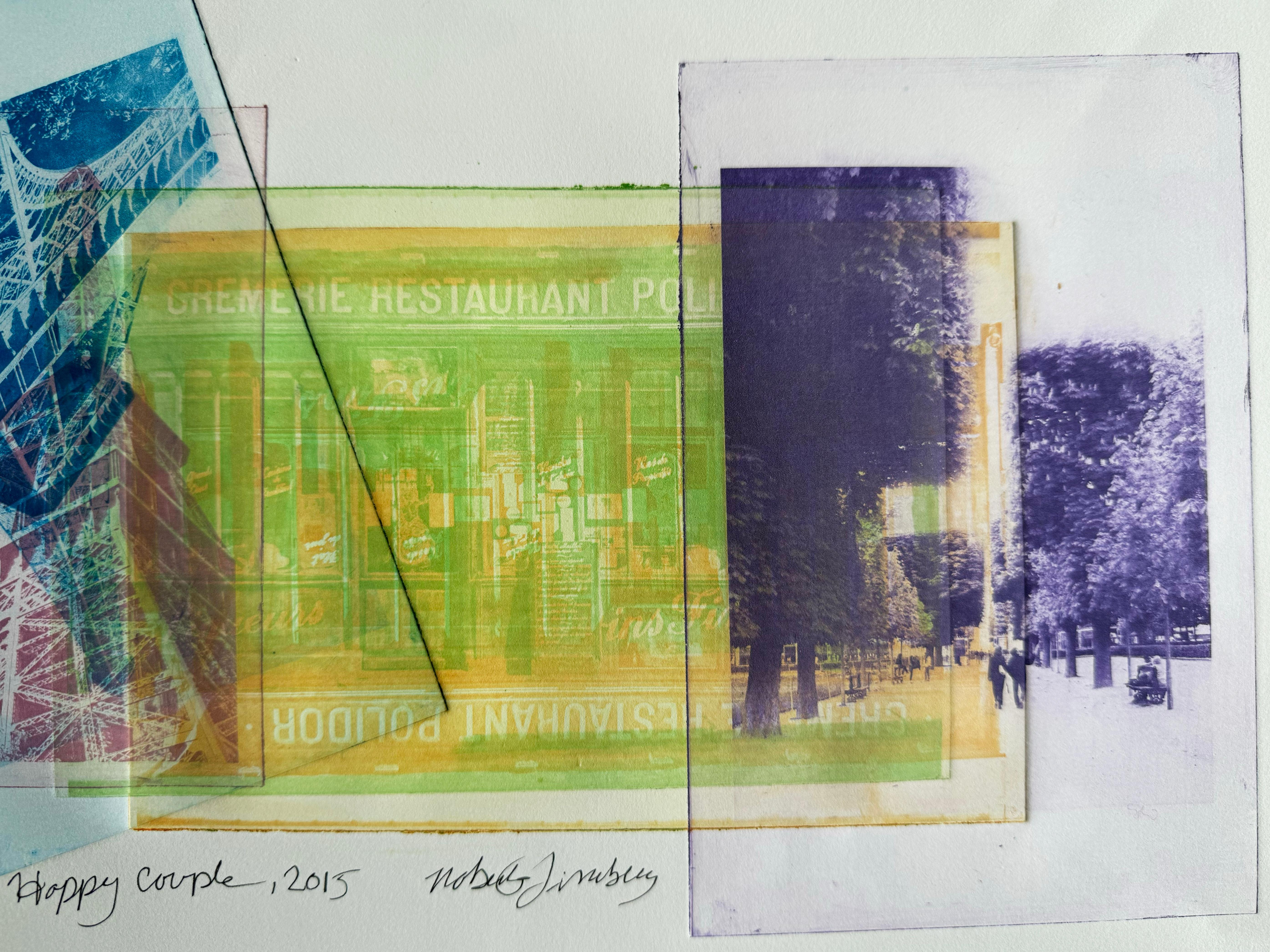 Dans la série d'estampes Art et Design de l'artiste, Happy Couple, 2015 de Roberta Fineberg est un monoprint photopolymère tiré à la main sur la presse à graver par l'artiste. 

L'art tisse des souvenirs en couleurs vives : la tour Eiffel, un