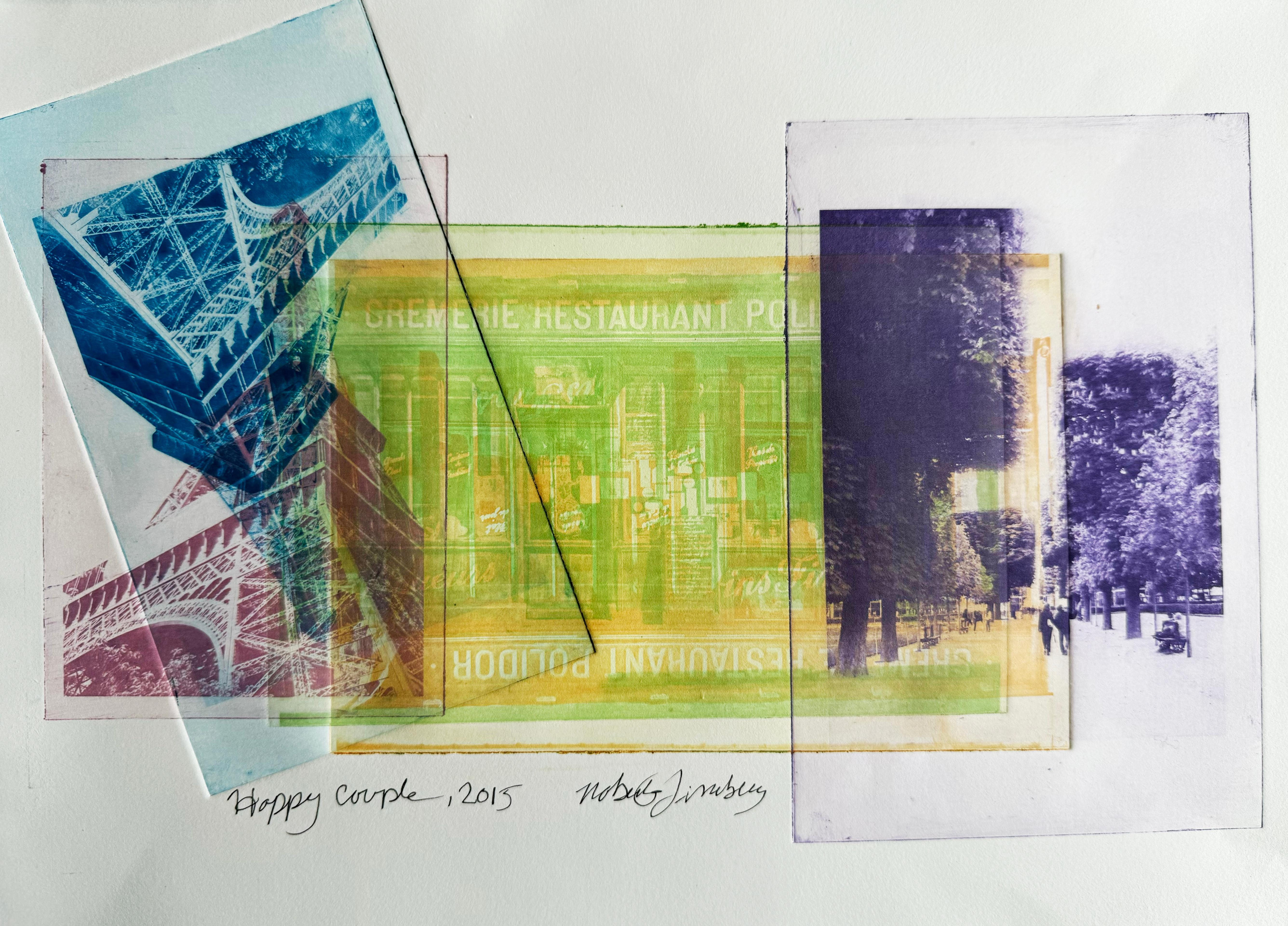 Parigi, Francia, coppia felice, stampa originale colorata di arte e design a tecnica mista