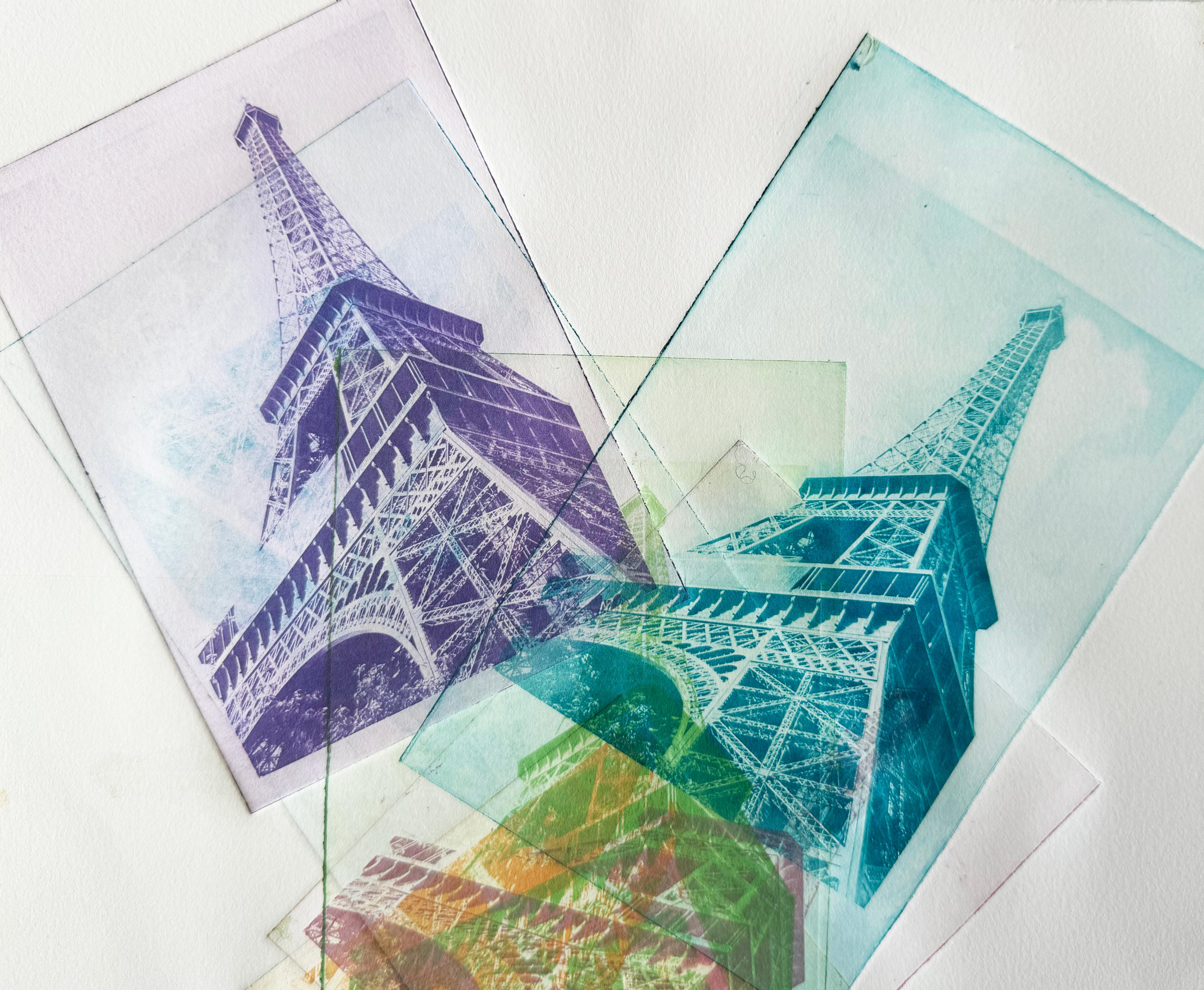 París, Francia, Torre Eiffel, Colorido Arte y Diseño Mixto Impresión Original - Print de Roberta Fineberg