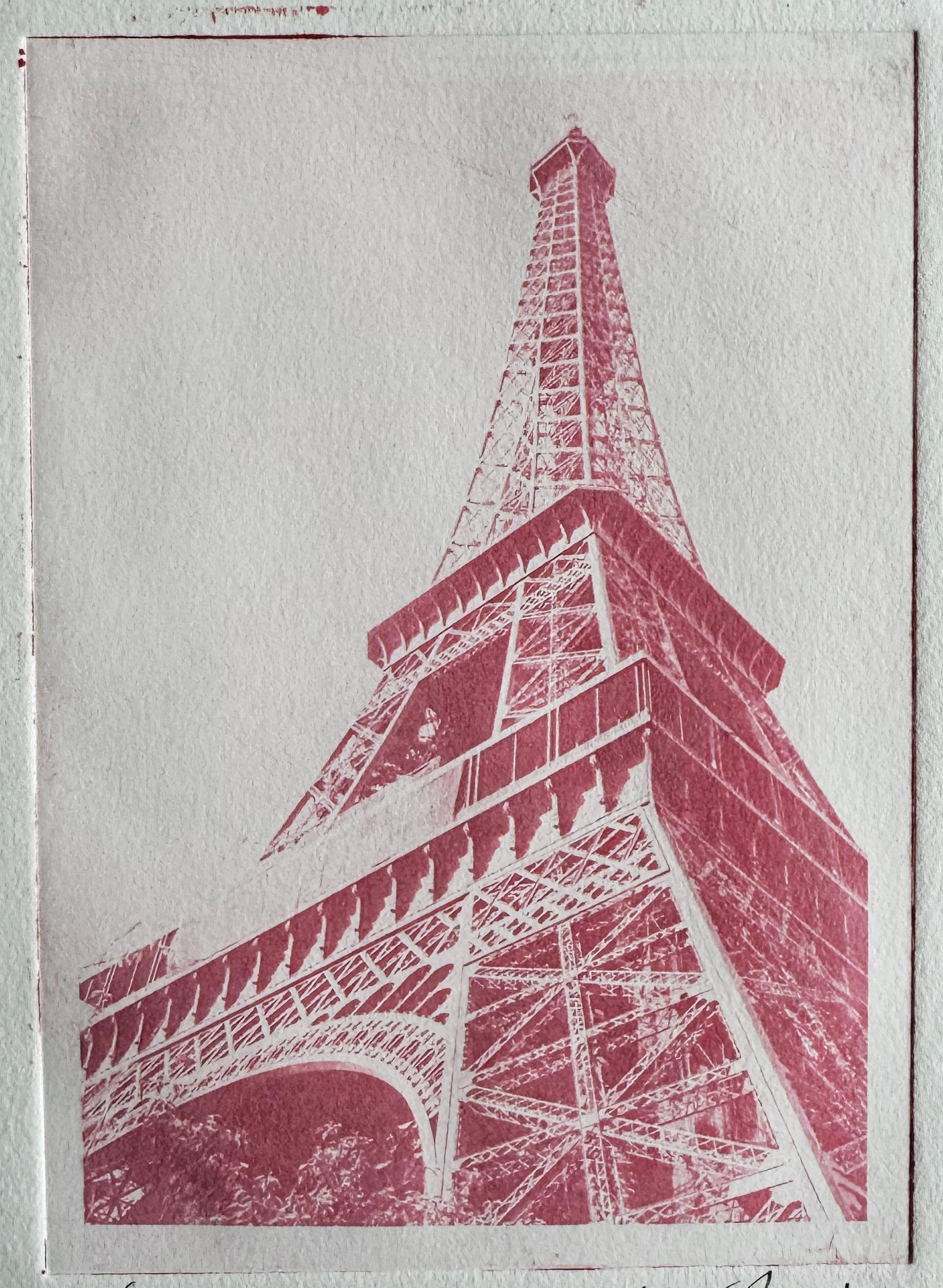 Paris France, Eiffel Tower II, Original Work on Paper, Pink Monoprint - Print by Roberta Fineberg