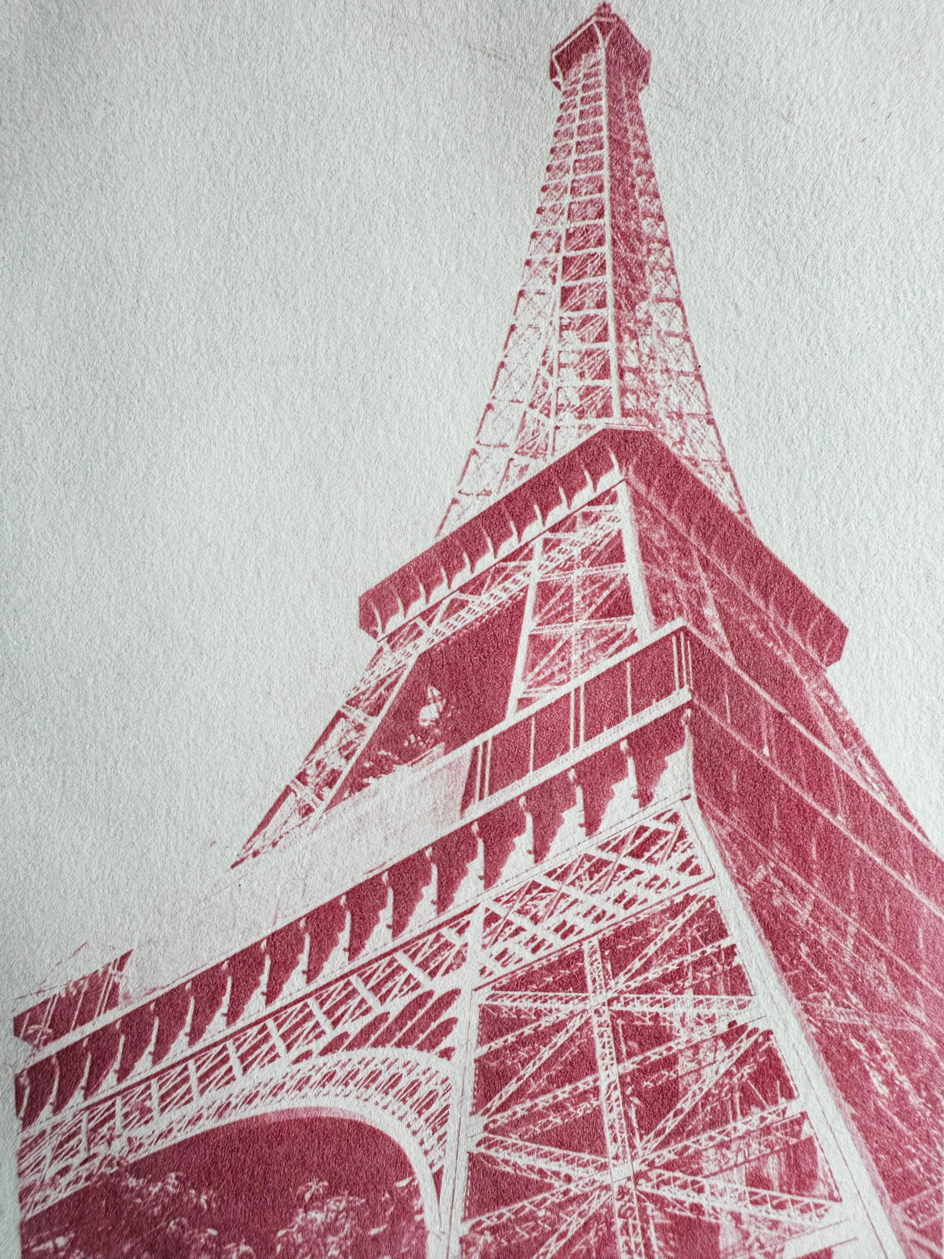 Paris France, Eiffel Tower II, Original Work on Paper, Pink Monoprint - Contemporary Print by Roberta Fineberg