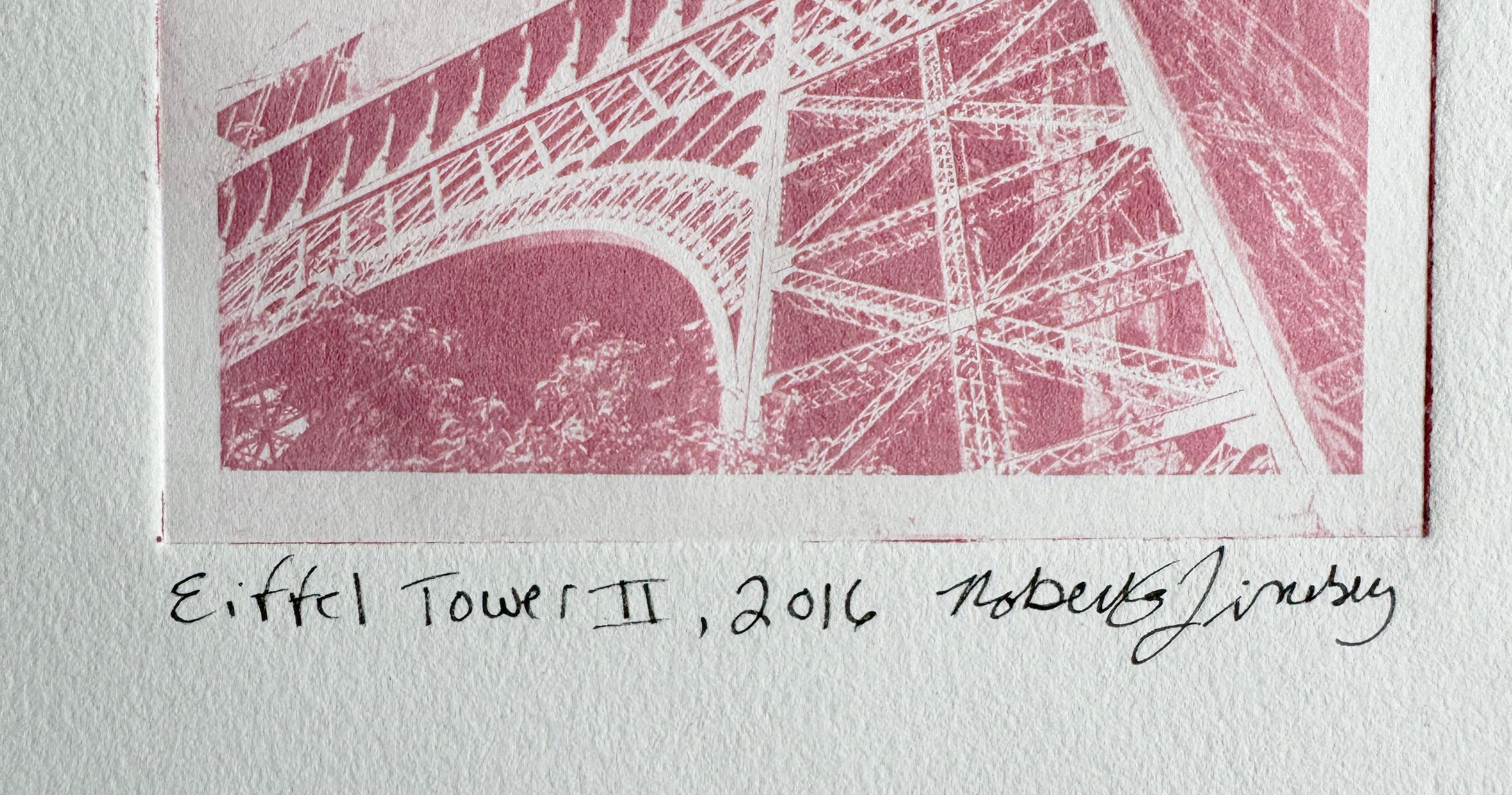 Paris France, Eiffel Tower II, Original Work on Paper, Pink Monoprint - Gray Landscape Print by Roberta Fineberg