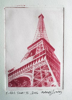 Paris France, Tour Eiffel II, Oeuvre originale sur papier, Monoprint rose