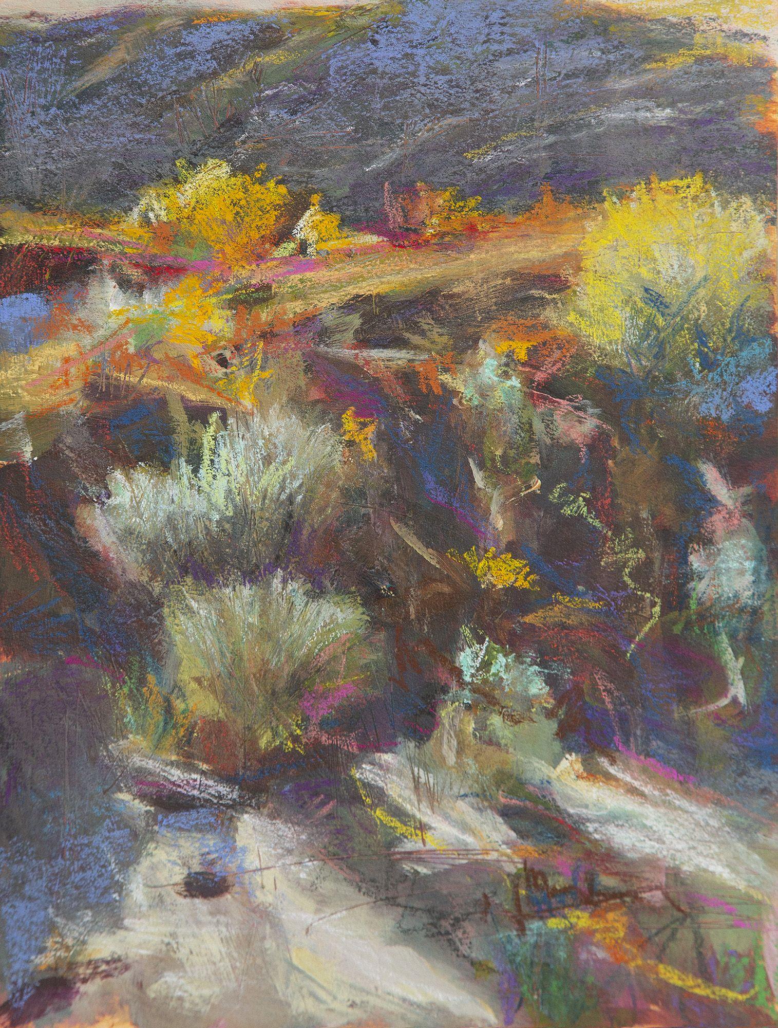 Expressive 8x10" mixed media landscape painting of the badlands sagebrush. Acrylic and pastels on paper.  :: Painting :: Impressionist :: This piece comes with an official certificate of authenticity signed by the artist :: Ready to Hang: No ::