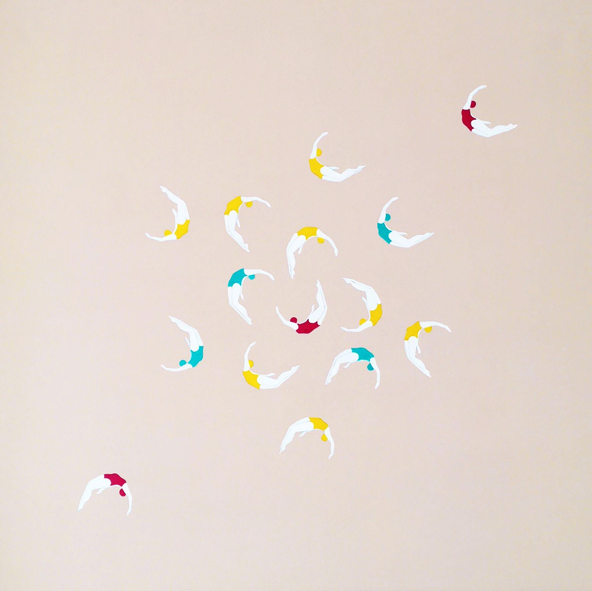 Painting: Acrylic on Canvas.    This piece is inspired by bird migration, translated into a ballet where my divers express their abilities to turn a fall into a flight. I take all my source images myself. This painting is on gallery wrapped canvas