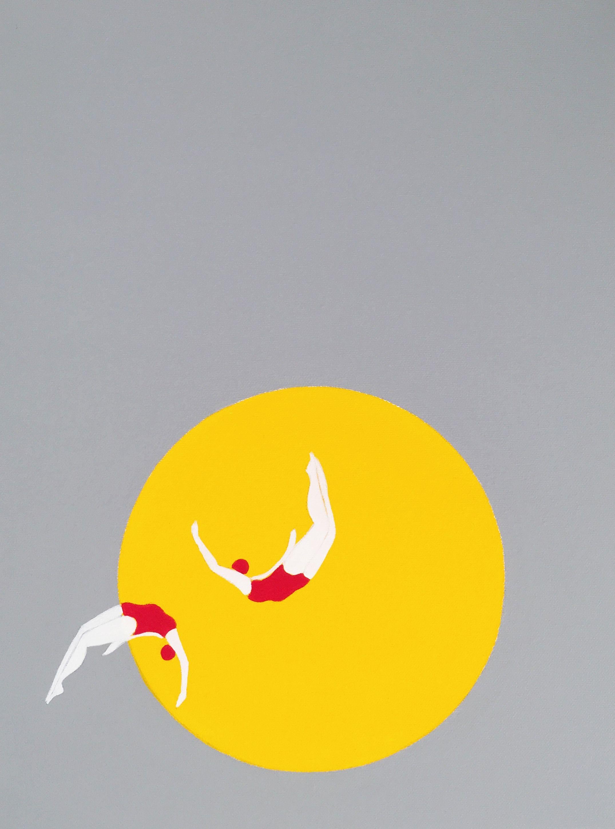 Painting: Acrylic on Canvas.    This painting depicts two of my divers swimming on a yellow sun onto a grey background. This piece is inspired by bird migration, translated into a ballet where my divers express their abilities to turn a fall into a