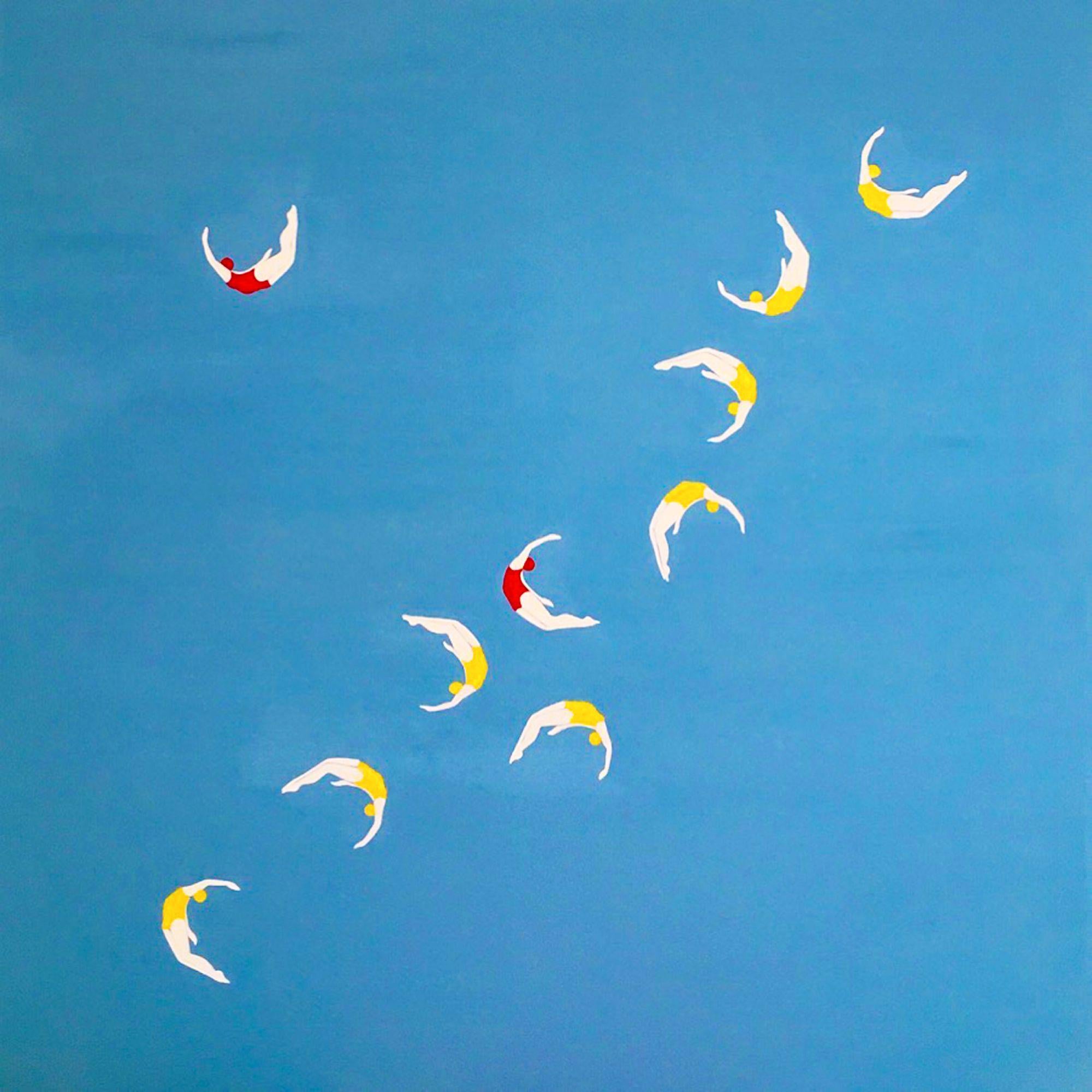 Painting: Acrylic on Canvas.    This piece is inspired by bird migration, translated into a ballet where my divers express their abilities to turn a fall into a flight. I take all my source images myself. This painting is on gallery wrapped canvas